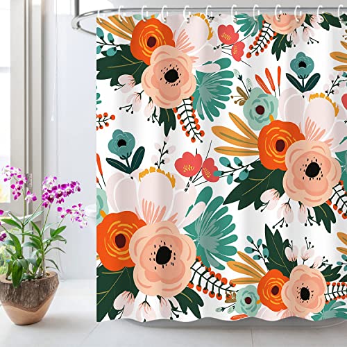 LIVILAN Floral Shower Curtain, Bohemian Flowers Shower Curtain Set, Colorful Red Pink Orange Blossom Poppy Shower Curtain with Hooks, Boho Fabric Decorative Bathroom Curtains Machine Washable (72x78)