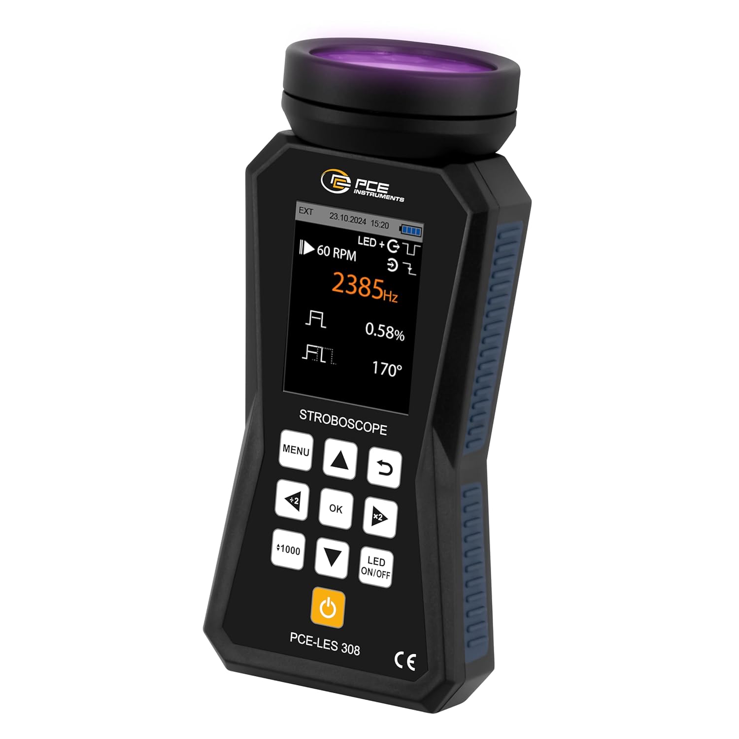 PCE Instruments PCE-LES 308UV-385 Handheld UV Stroboscope for Industrial Speed and Flash Frequency Measurement at 385 nm, Features High Precision, Adjustable Flash Rate, and Digital Display