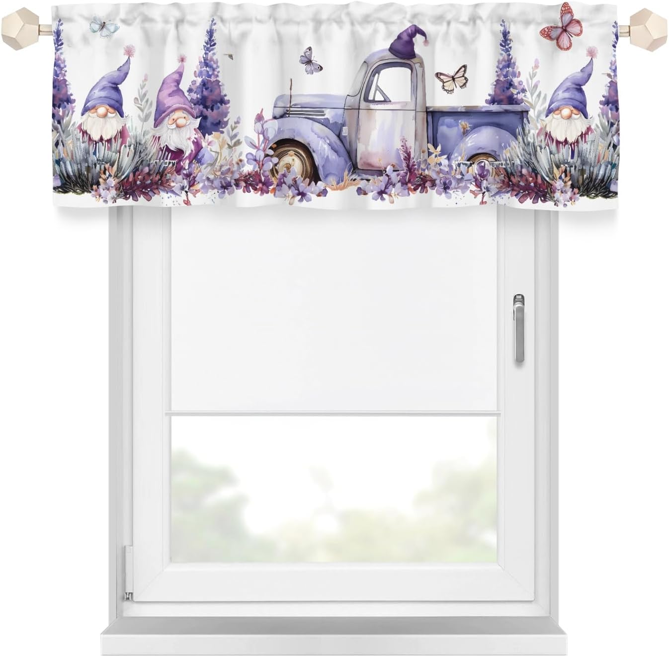 Cute Gnomes Purple Lavender Truck Kitchen Valance Curtains Rod Pocket Spring Wild Floral Leaves Butterflies Window Treatments for Kitchen Living Room Kids Bedroom Bathroom 54x18inch