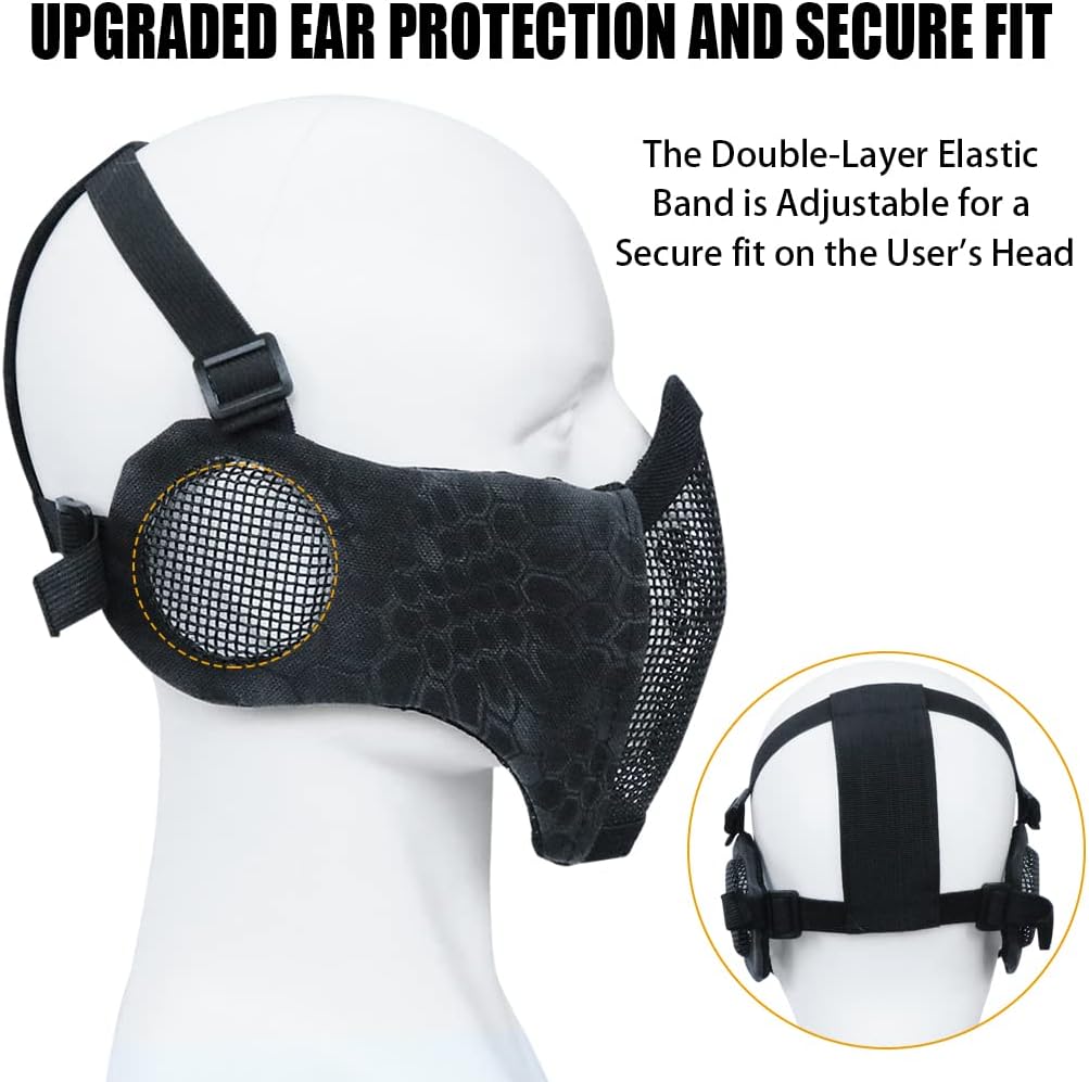 Hodeacc 3 Pcs Tactical Airsoft Mask Goggles Baseball Cap Set,Adjustable Half Face Mesh Mask with Ear Protection,Anti UV Airsoft Glasses Eye Protection Outdoor Hat for Outdoor Airsoft/BB/ CS Game - Image 4