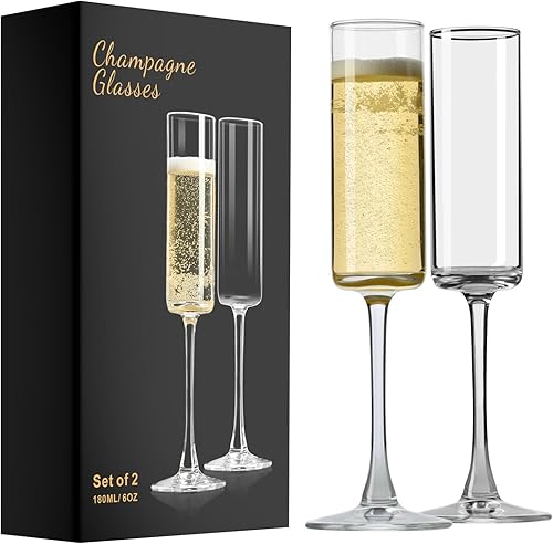 PARACITY Copas de champán, juego de 2 copas de champán de cristal, elegantes copas de champán de 6 onzas, regalo para cumpleaños, bodas, Navidad,