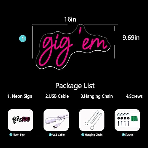 Miniatura 6 de Gig'em Aggies - Letrero de neón LED rosa para decoración de pared, funciona con USB, para concierto, dormitorio de niñas, decoración de habitación