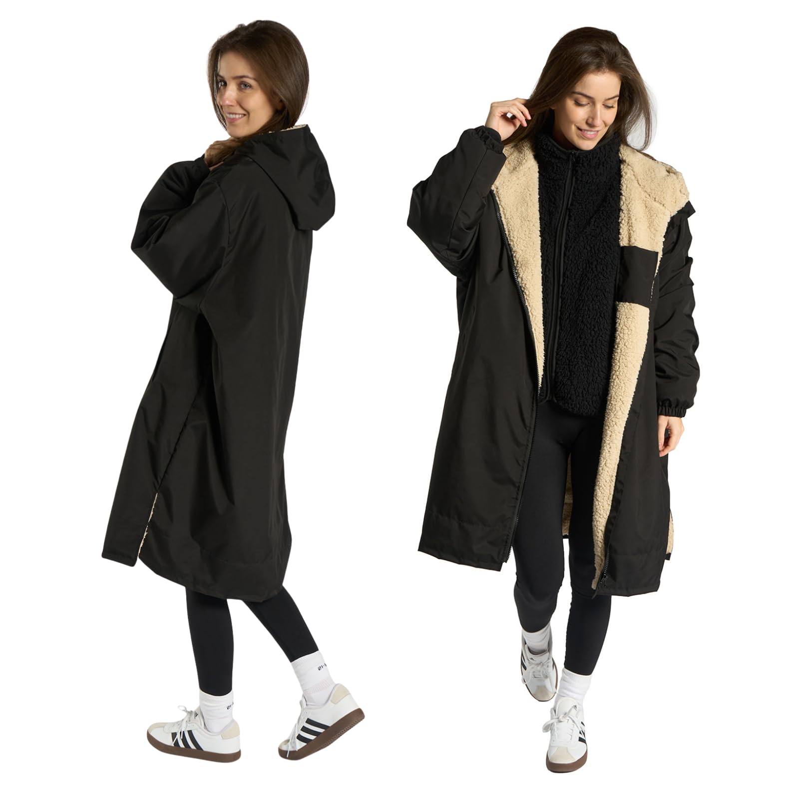 Ohs Women's Black/Beige Rain Coats For Men, Oversized Waterproof Jacket Fleece Lining Dry Robes Adult With Hood & Pockets Lightweight Breathable Changing Robe For Outdoor Travel, - S/M