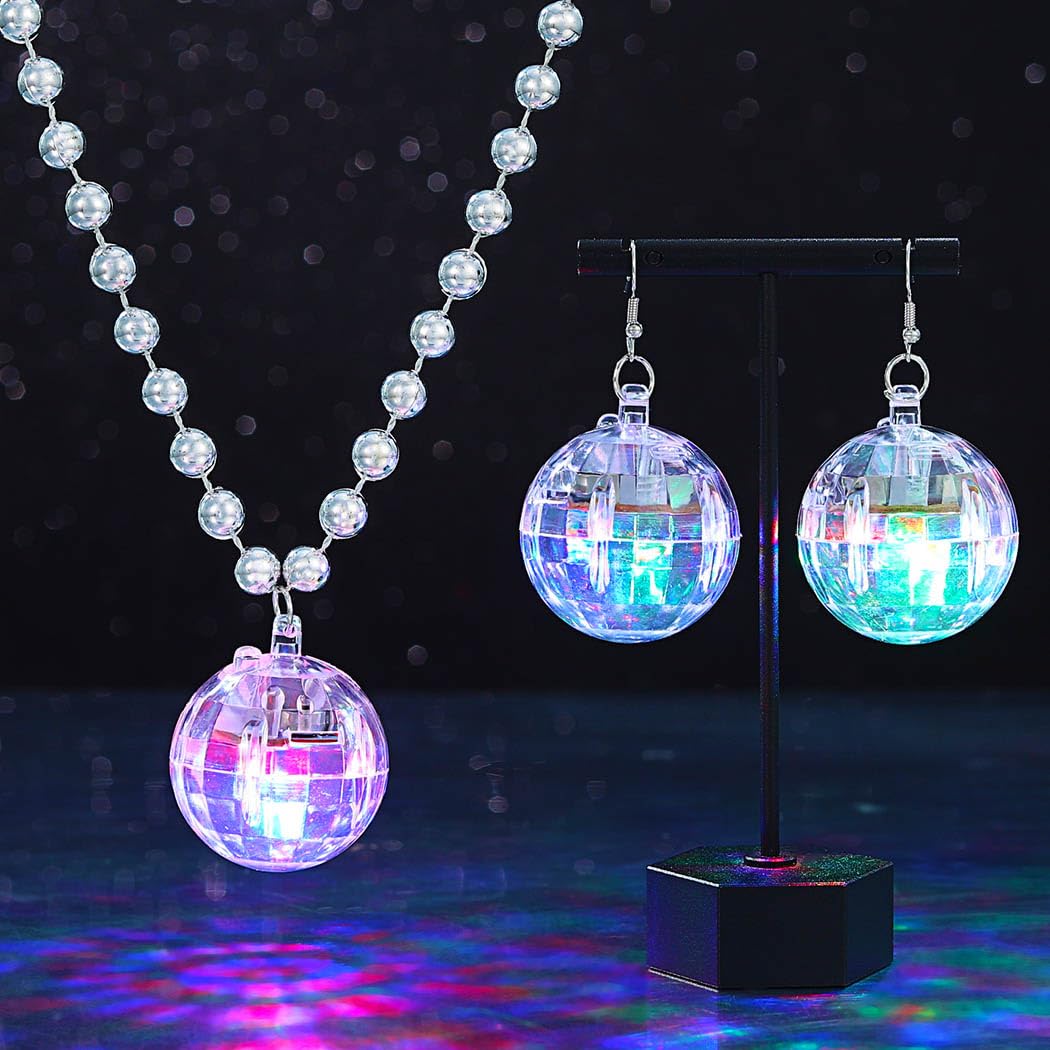 Sixexey Light Up Disco Ball Necklace Set LED Disco Necklace Birthday Dance Party Favors Necklace Accessories for Women
