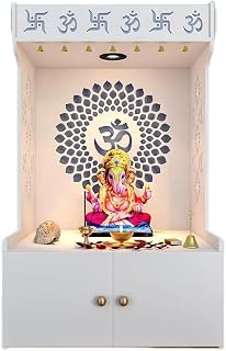 Om Chakra Floor Temple with Spacious Wooden Shelf Inbuilt Focus Light I White Wooden Finish I 98 cm Height