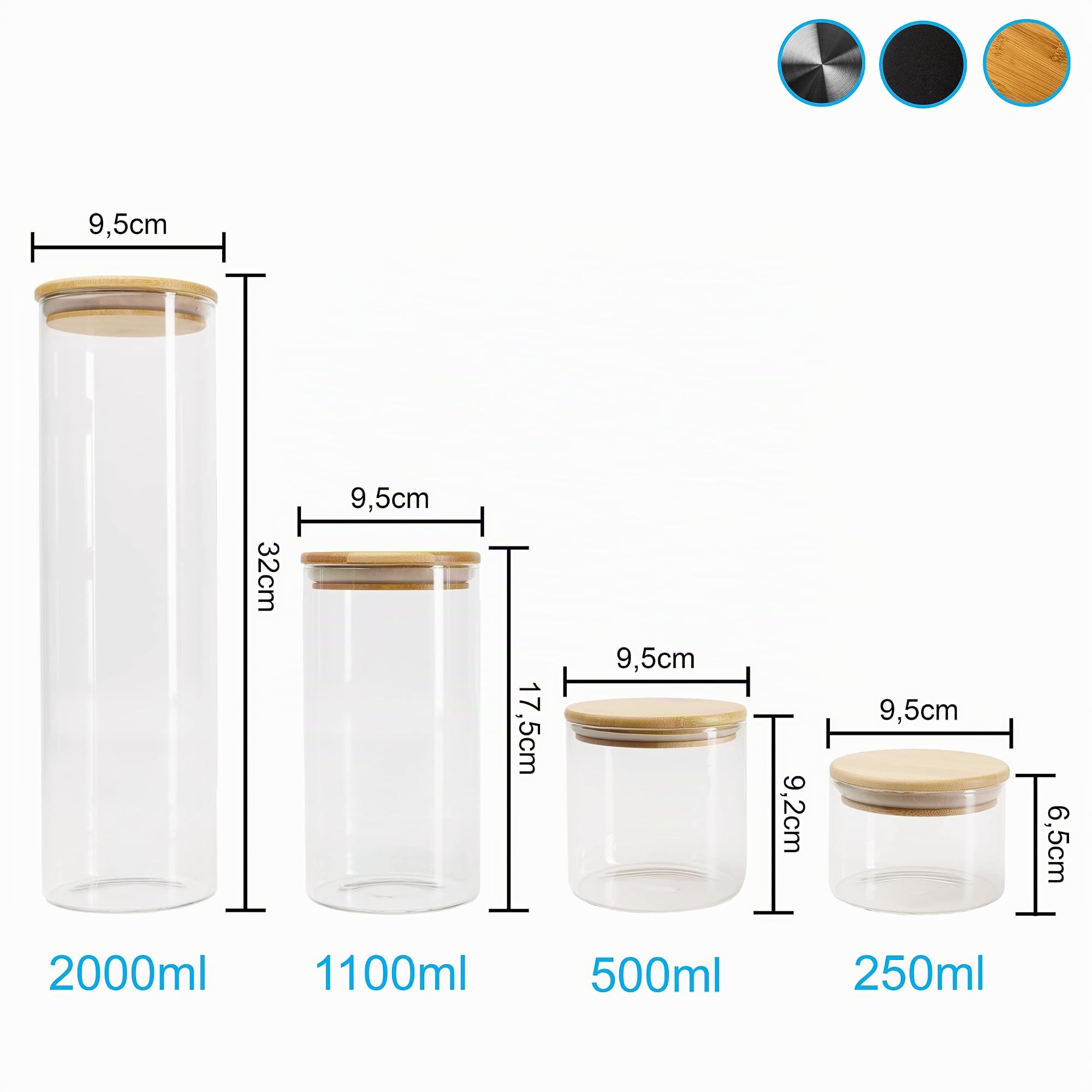 BAUER Flaschenbauer Vorratsgläser mit Deckel aus Borosilikatglas zur luftdichten Aufbewahrung inkl. Etiketten, Stift & Microfasertuch 1x 2000ml / 1x 1100ml / 3x 500ml / 1x 250ml / Edelstahlverschluss