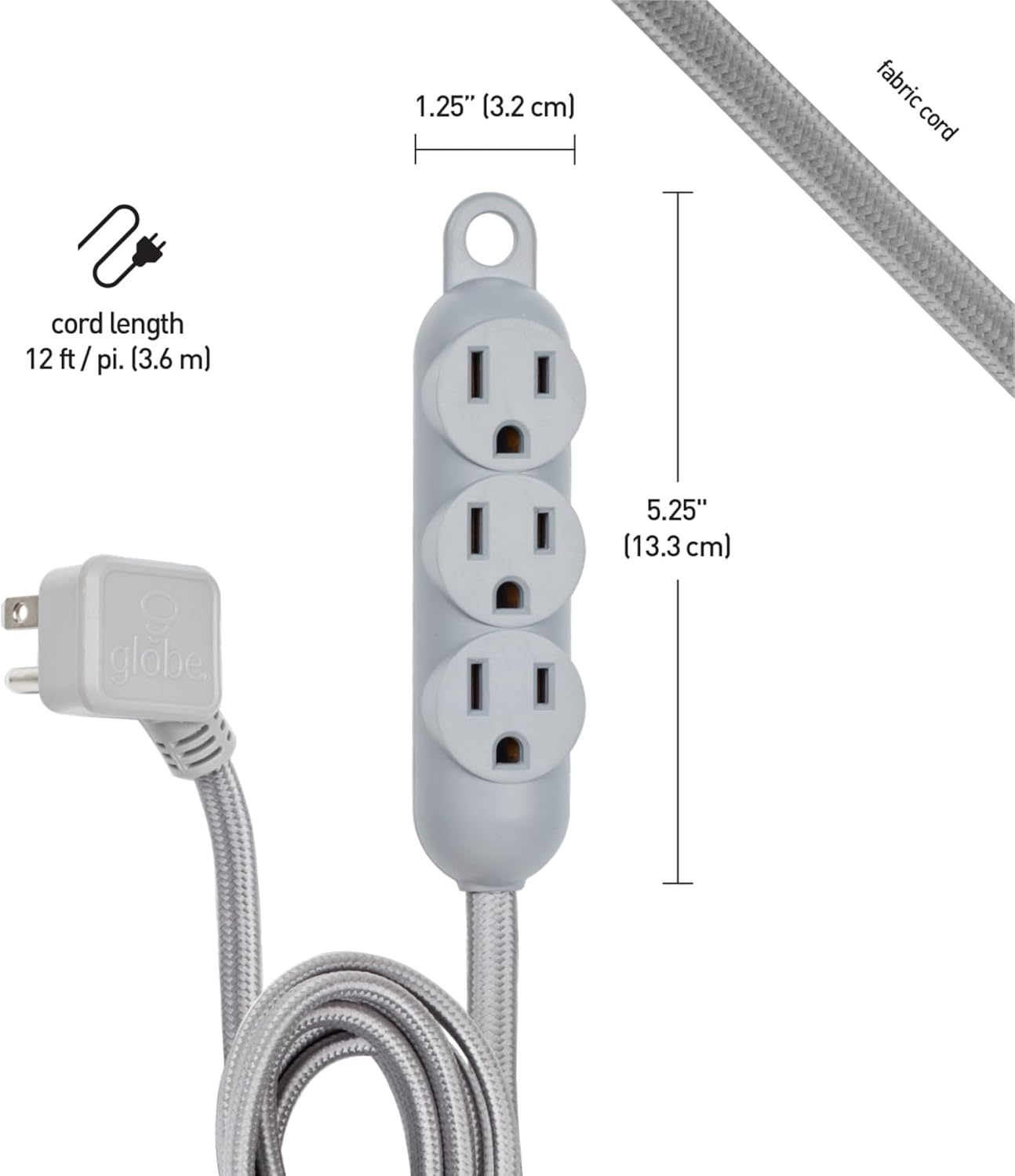 Globe Electric 22971 Designer Series 12ft Fabric Extension Cord, 3 Grounded Outlets, Right Angle Plug, 125-Volts, Integrated Hanging Hook, Metallic Gray Finish