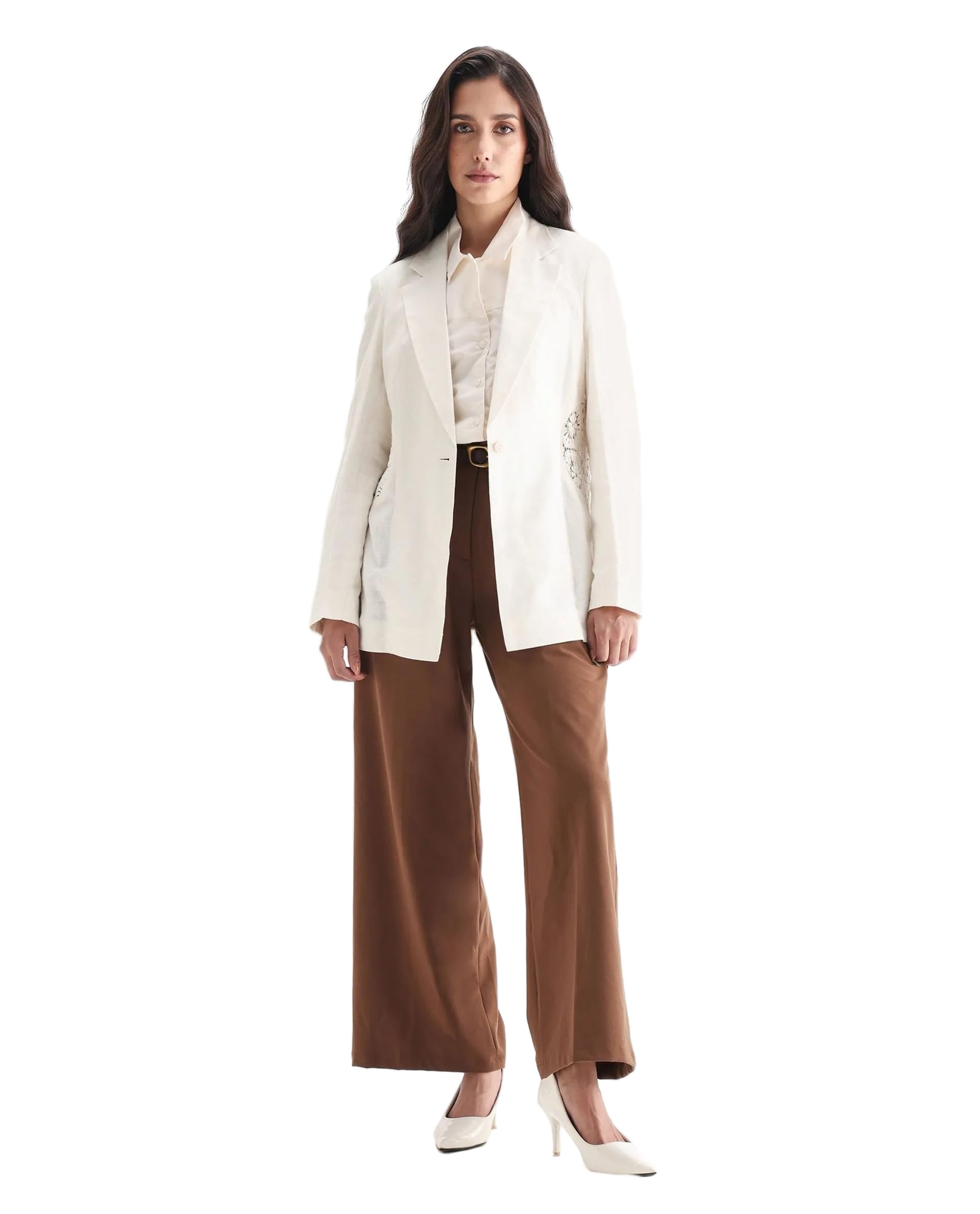 rareism Women Regular Solid Off White Linen Notch Lapel Long Sleeve Blazer-picture-36