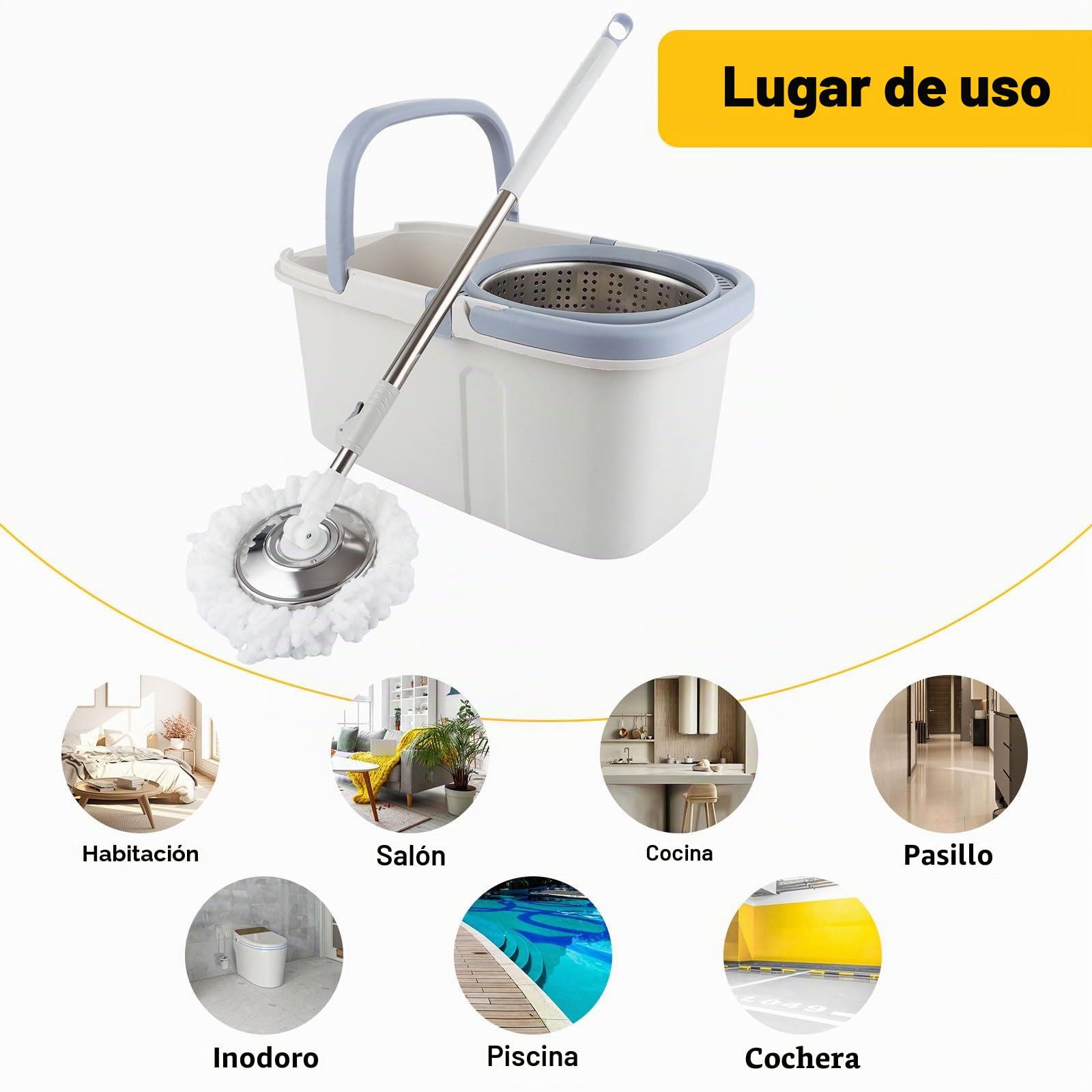 ASelected Juego de trapeador giratorio y cubo giratorio de 360° para limpiar suelos, mango de acero inoxidable, mopa extensible con almohadillas reutilizables de microfibra húmeda y seca para limpieza