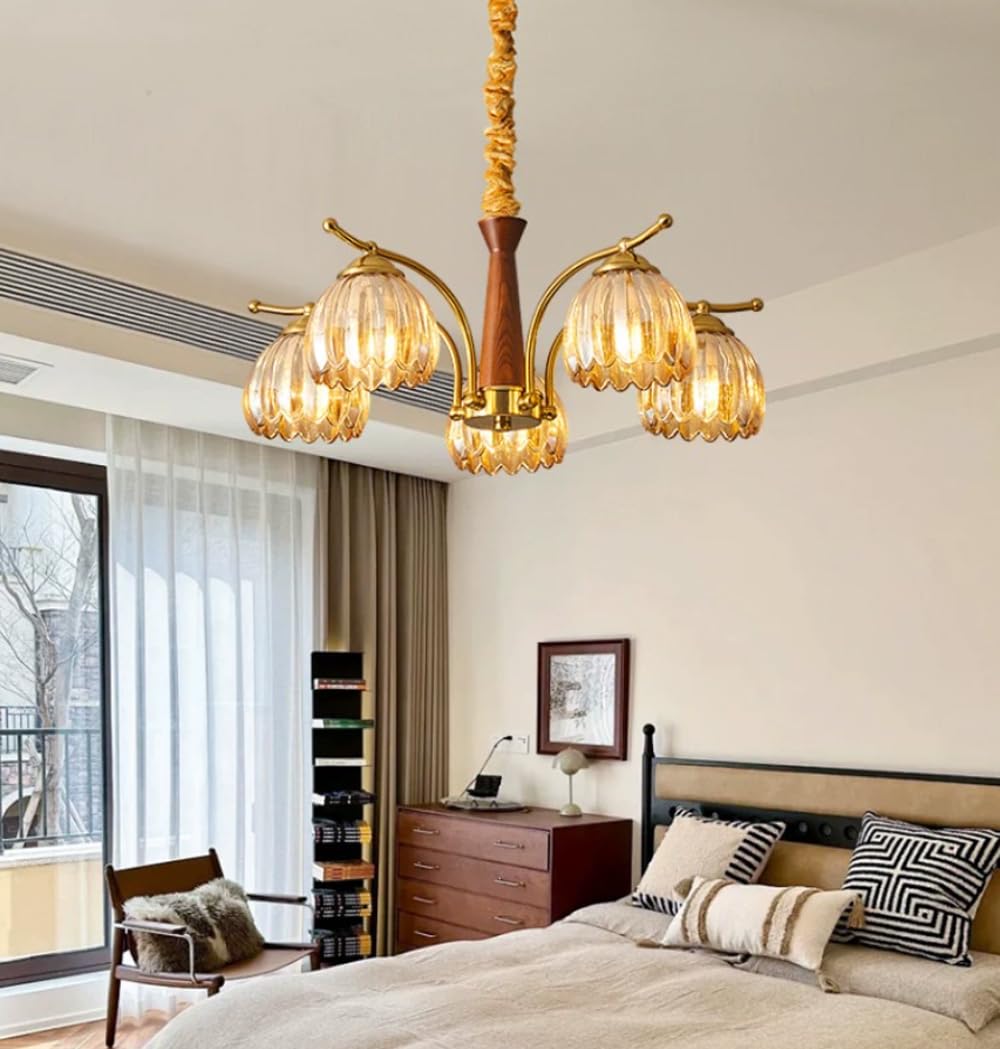 QTHWB Amber Tulip Glass Chandelier with Wood Base Mid-Century for Living Room, Dining Room & Bedroom
