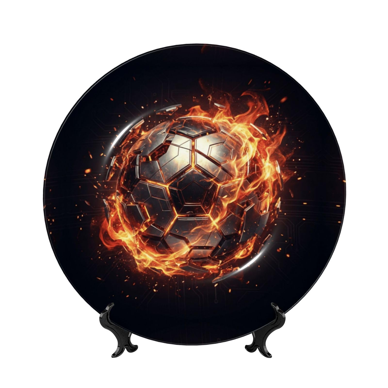 SXZVVBN Mech Flame Soccer Bone China Decorative Plate Art with Stand Removable Adhesive Hanging for Home Office 7in
