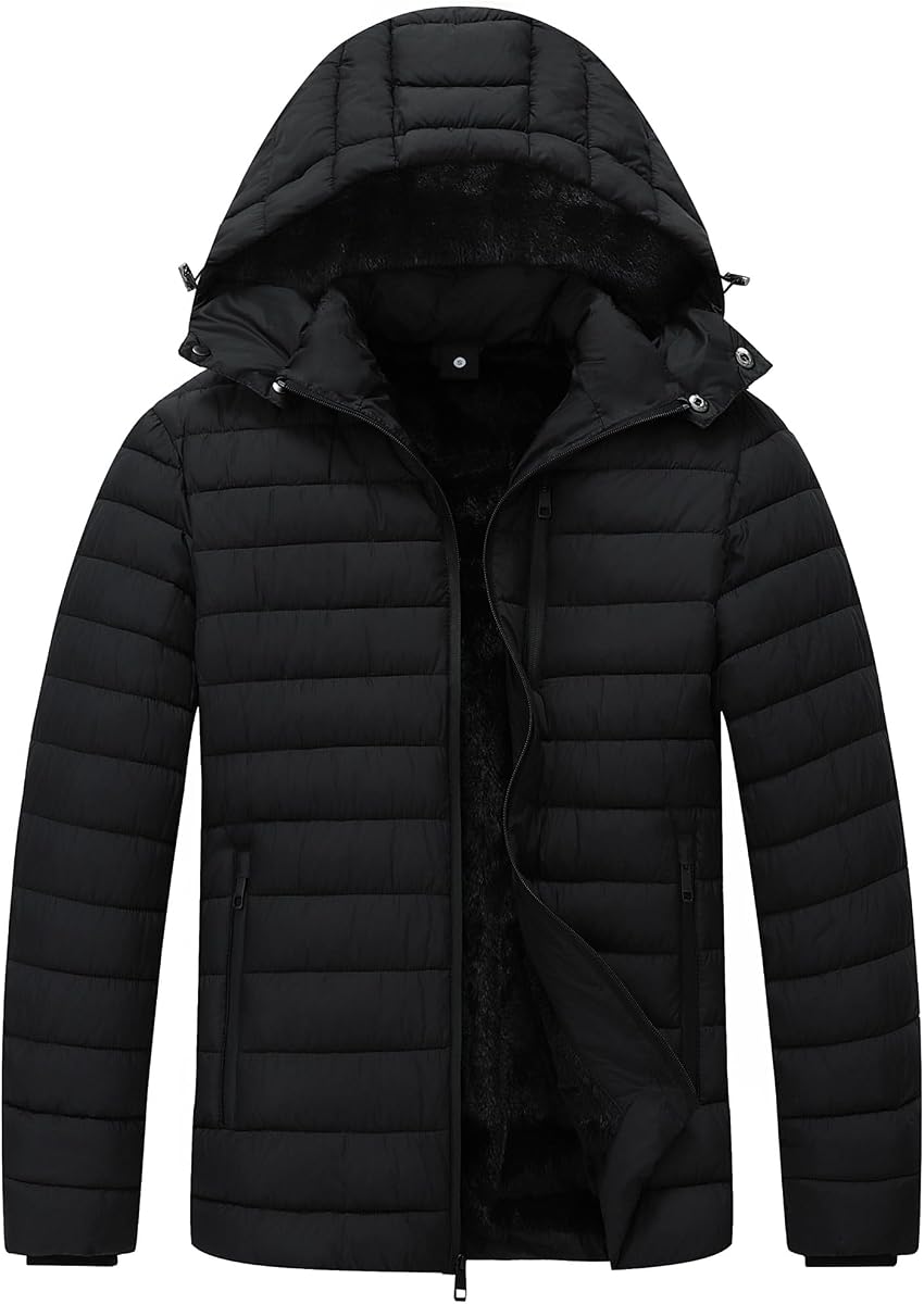 Abrigo acolchado acolchado de plumón para hombre | Resistente al viento, impermeable, forrado de franela, capucha desmontable, grueso para el calor invernal