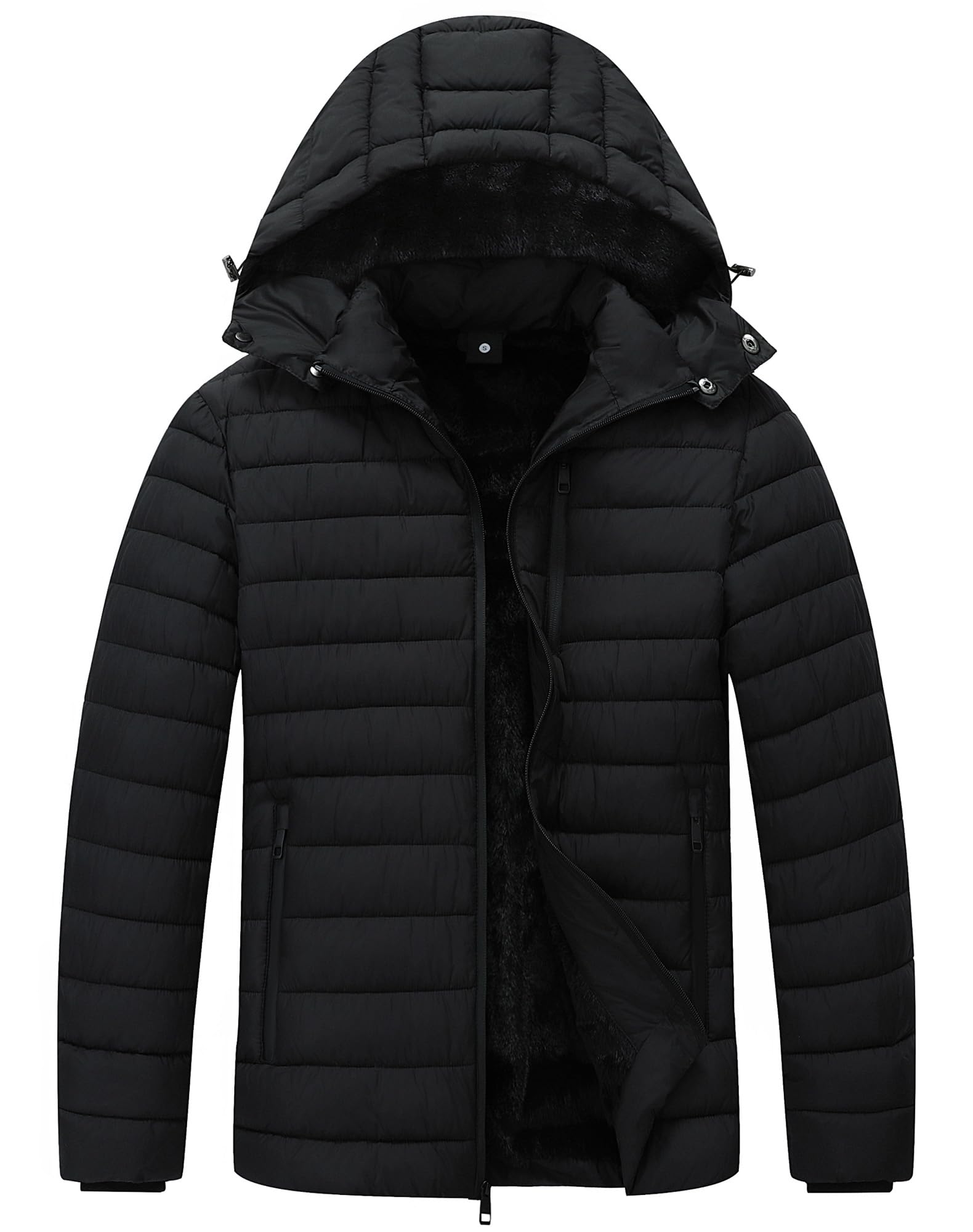 Mens Quilted Puffer Down Coat Windproof Waterproof Flannel Lined Detachable Hood Thicken for Winter Warmth