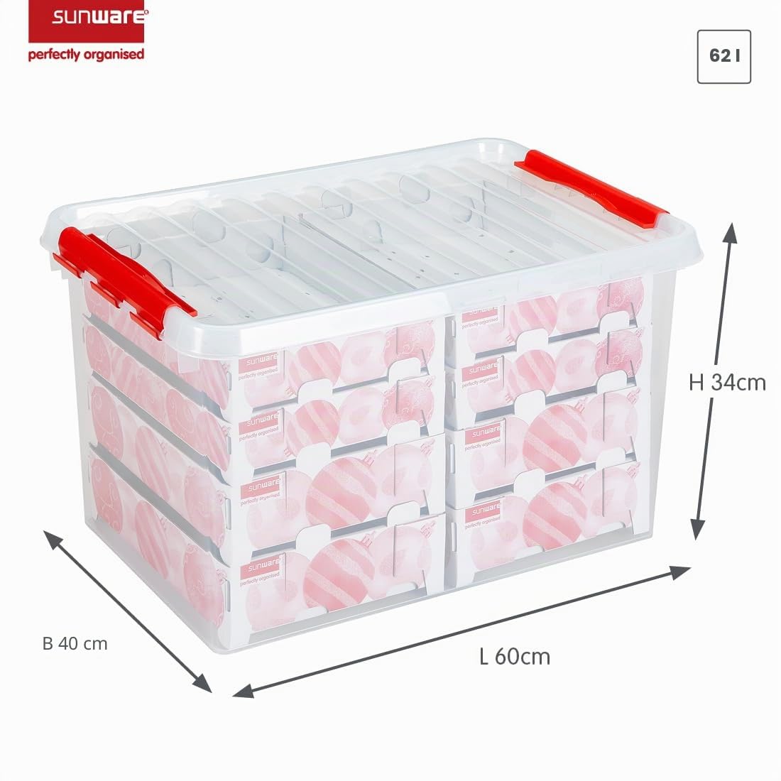 Sunware Q-Reihe Box für Weihnachtsdekoration mit Ablagen für 116 Kugeln, transparent/rot, Einheitsgröße
