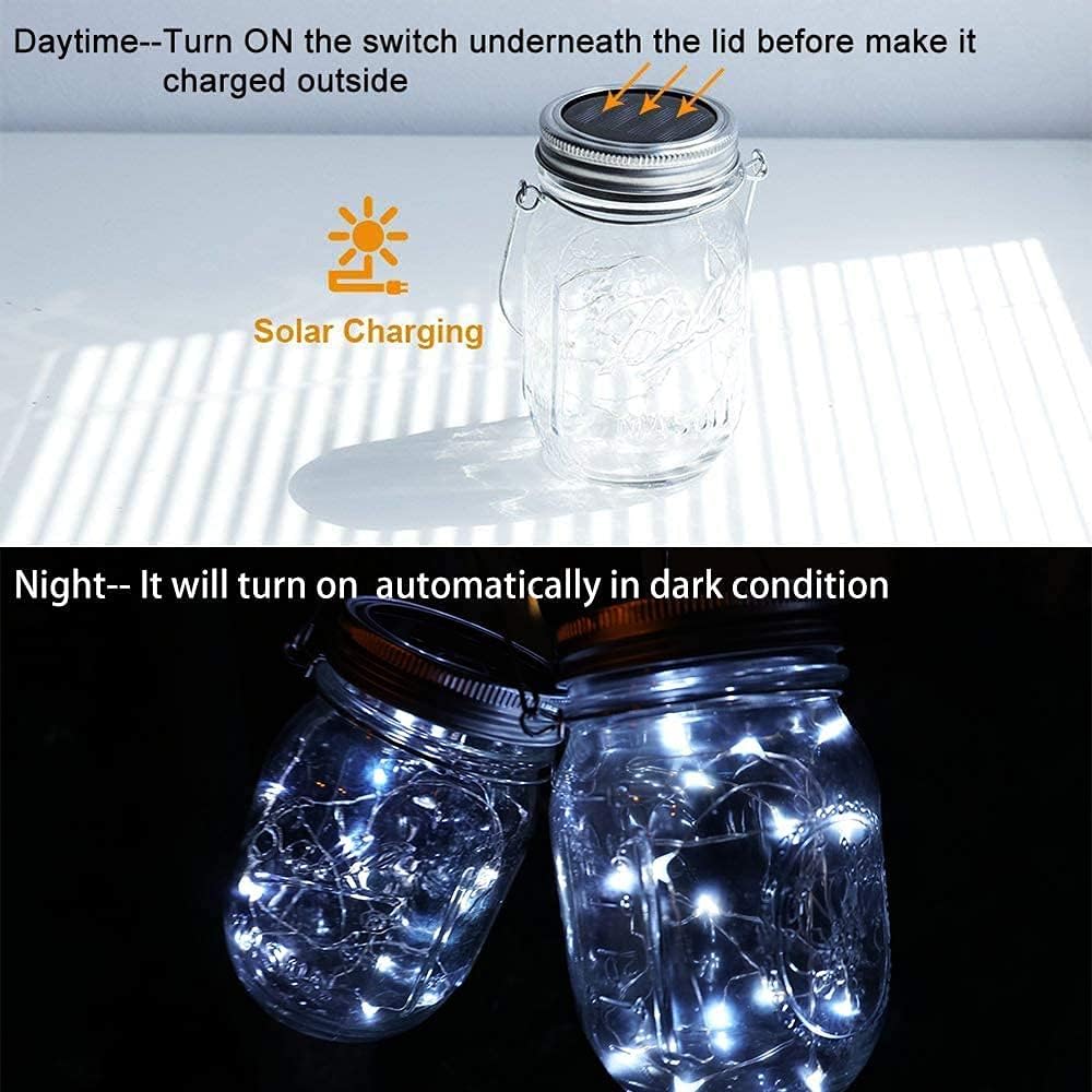 SunKite Solar Mason Jar Lights [Updated], 8 Pack 20 LED Waterproof Fairy Firefly Jar Lids String Lights with Hangers(NO Jars), Patio Yard Garden Wedding Decoration - Cool White