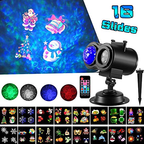 LED Christmas Projector Lights,2-in-1 Ocean Wave Projector,16 Slides 10 Colors,Remote Control Indoor Outdoor