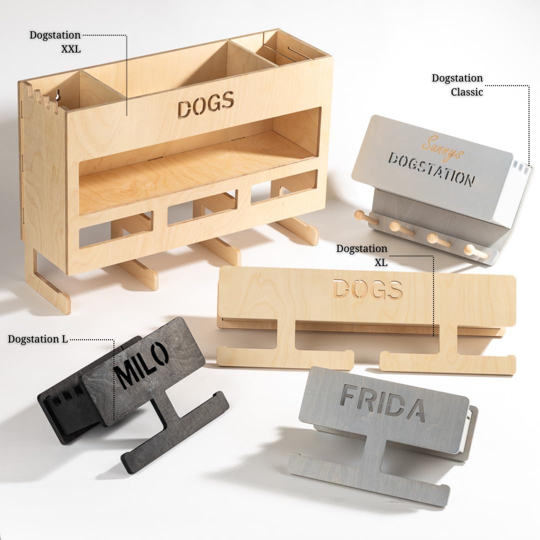 INEXTERIOR – Hundegarderobe personalisierbar mit Ablage & Leinenhalter in Hellgrau - Hundezubehör Dogstation für Hundeleinen, Spielzeug & Leckerlis aus Birkenholz - Mit Kotbeutelspender & Montagekit