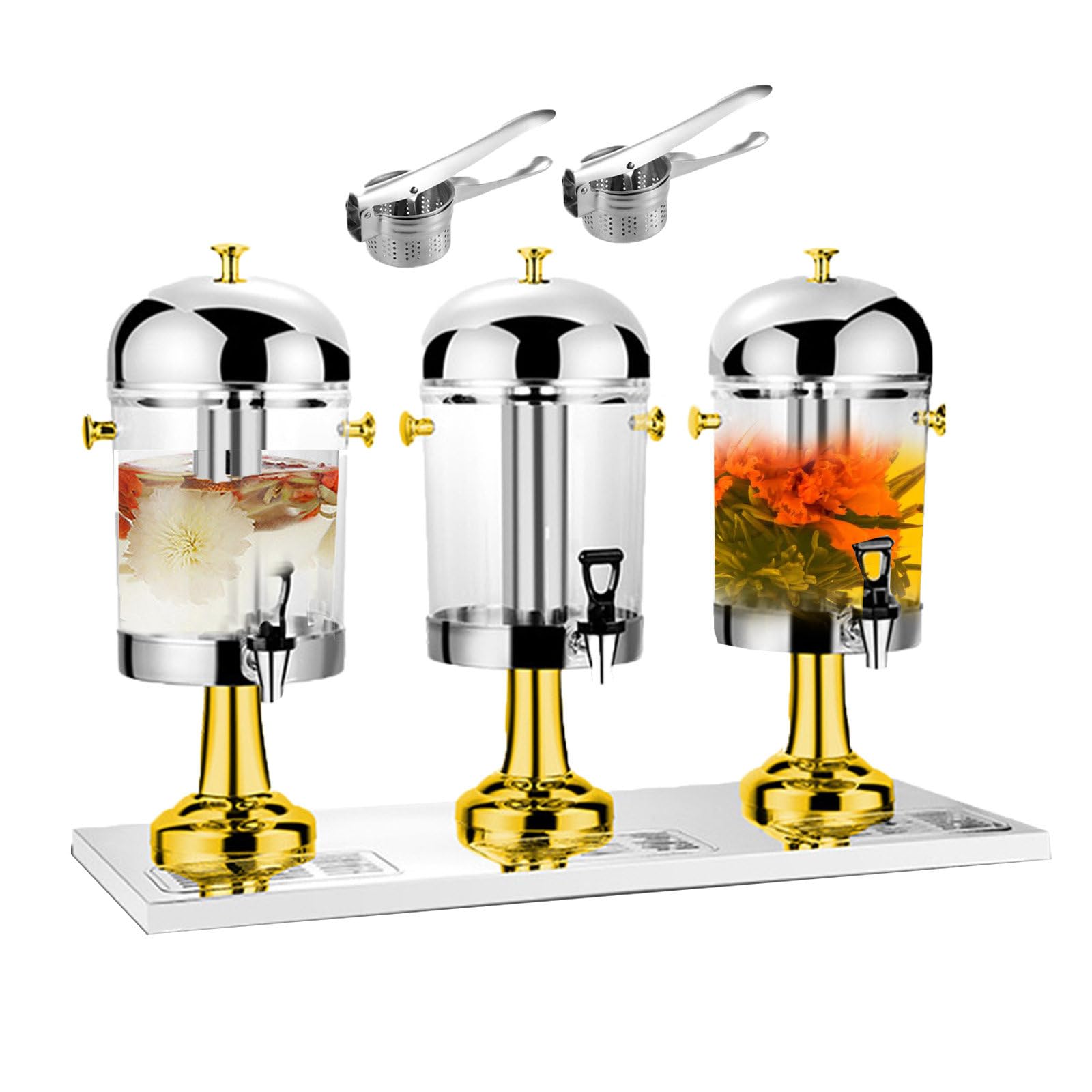 MYUYEE Commercial Cold & Warm Beverage Dispenser, Drink Dispensers & Chillers & Water Fountains, Self-Service Soy Milk Dispenser For Cafes, Buffet, Banquet, Bar, Cafeteria - Three Head,Silver (Gold)