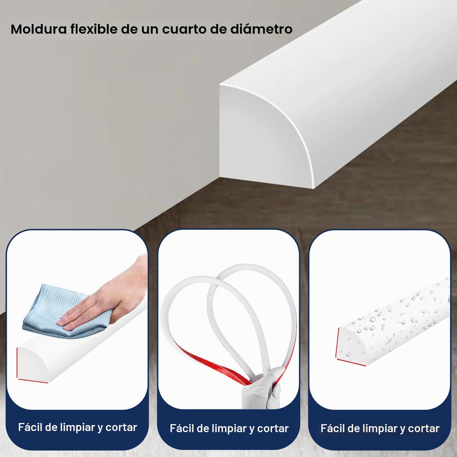 Tira de borde de esquina de goma autoadhesiva flexible laminada para pared, tira de sellado de calafateo para encimera de techo y suelo (3 metros, 0.5 x 0.5 pulgadas)