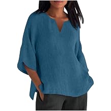 Women's Oversized Shirts Loose Comfy Cotton Linen 3/4 Sleeve T Shirt Plain Side Slit V-Neck Shirt Lady Trendy Tops