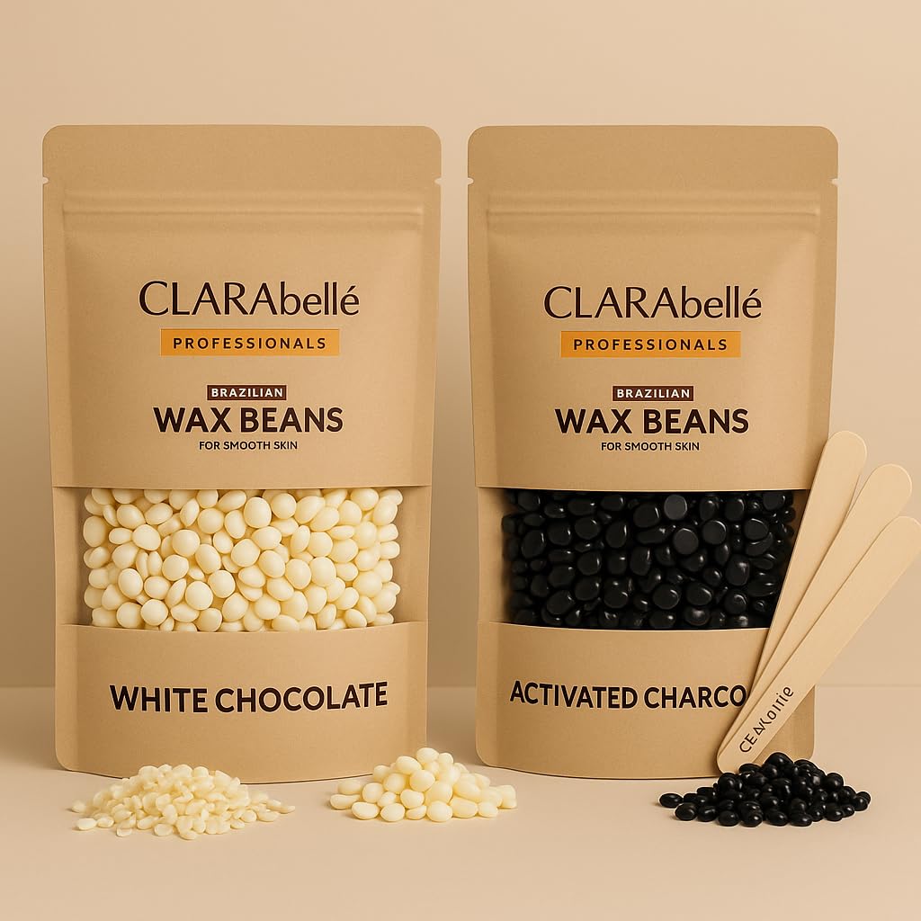 Clarabelle Hair Removal Brazilian Hard Wax Beans for Face, Eyebrow, Back, Chest, Bikini Areas, Legs, Arms & Beards - 50g White Chocolate & Activated Charcoal - Gentle, Stripless, Professional Waxing Beans for Women & Men
