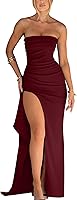 YMDUCH Women's Strapless Ruched Ruffle High Split Bodycon Evening Dress - Elegant Formal Gown for Weddings & Parties