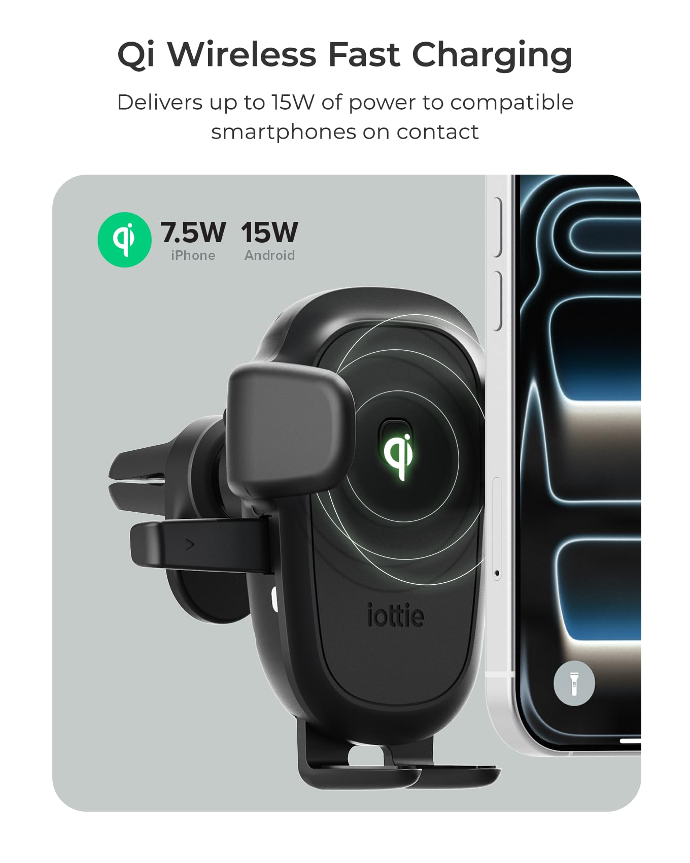 iOttie Easy One Touch Wireless 3 Supporto per bocchetta dell'aria dell'auto, supporto per telefono a ricarica rapida Qi, morsetto automatico con una mano, clip di ventilazione sicura, visualizzazione