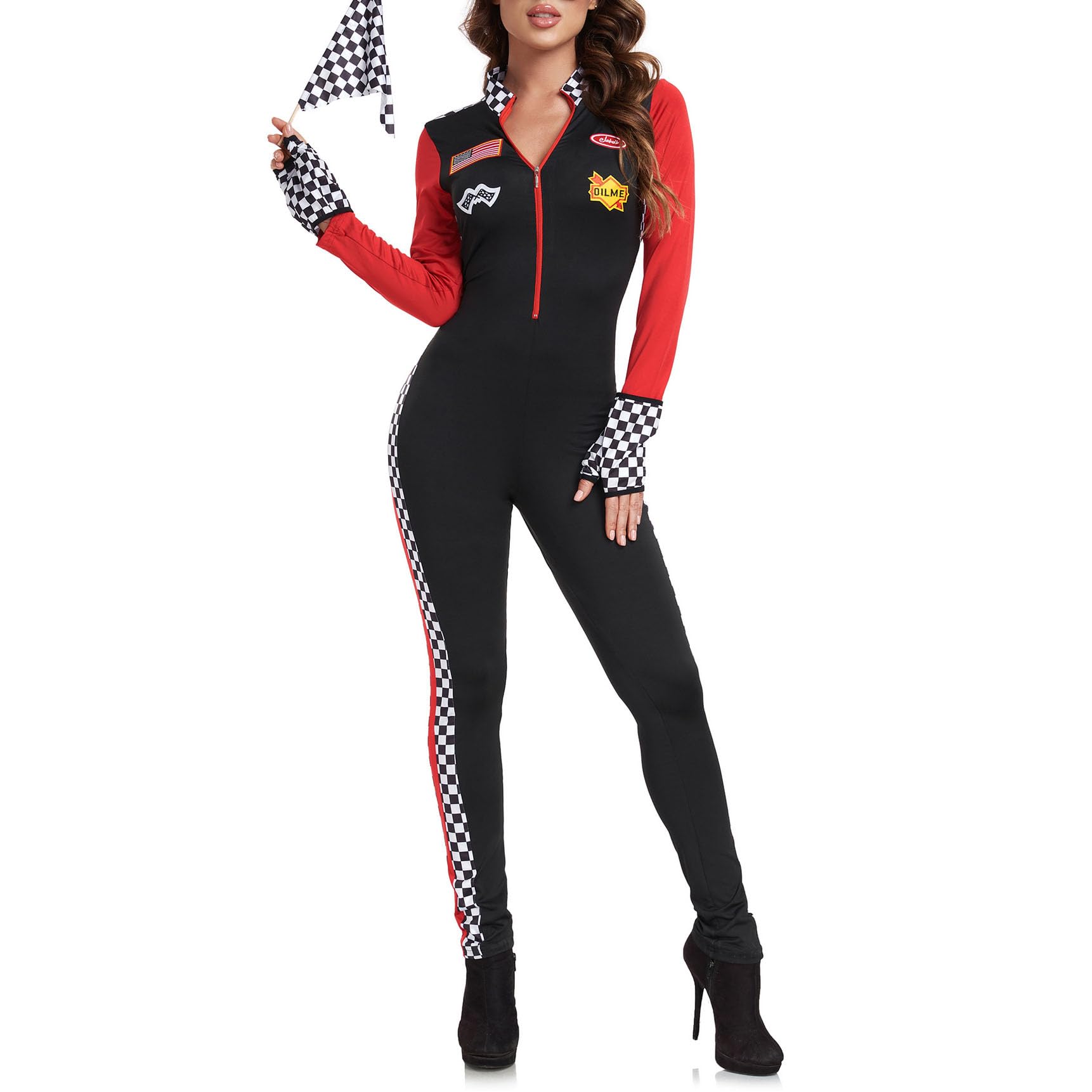 ThreeH Women's Racing Car Driver Bodysuit Sexy COS Outfit with Gloves Zippered Uniform for Cosplay Halloween Parties