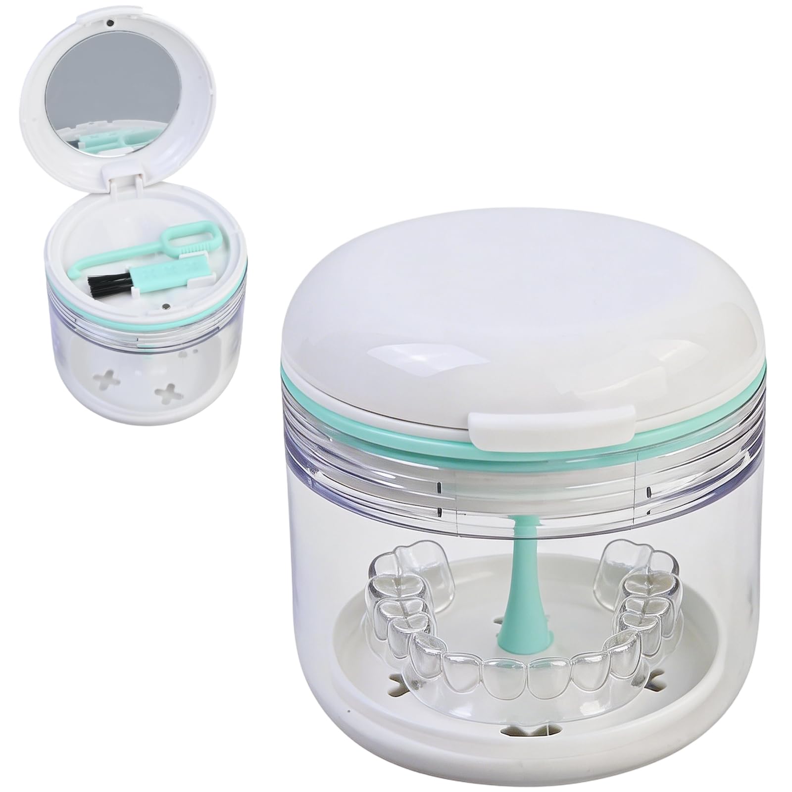 Retainer Case with Strainer Basket, Leak Proof Denture Bath Box for Travel, False Teeth Container Soaking Cup, Orthodontic Aligner & Mouth Guard Holder, Cute Dental Cleaning Kit Accessories