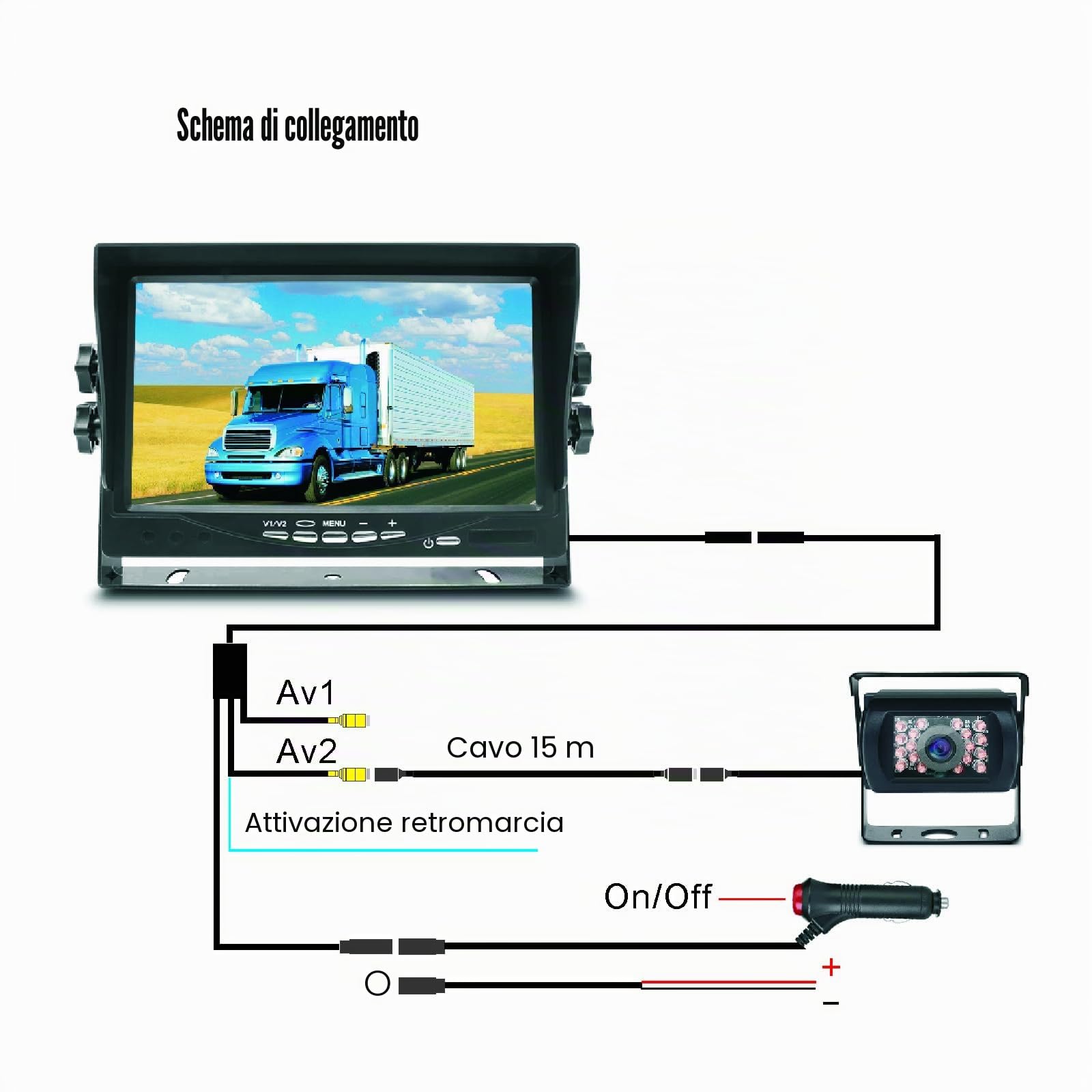 Telecamera retromarcia camion, autobus, camper, rimorchi con monitor LCD 7" | Sistema telecamera retromarcia 12V-24V, telecamera parcheggio impermeabile 18 LED con cavo aeronautico 4 pin 15m 49ft