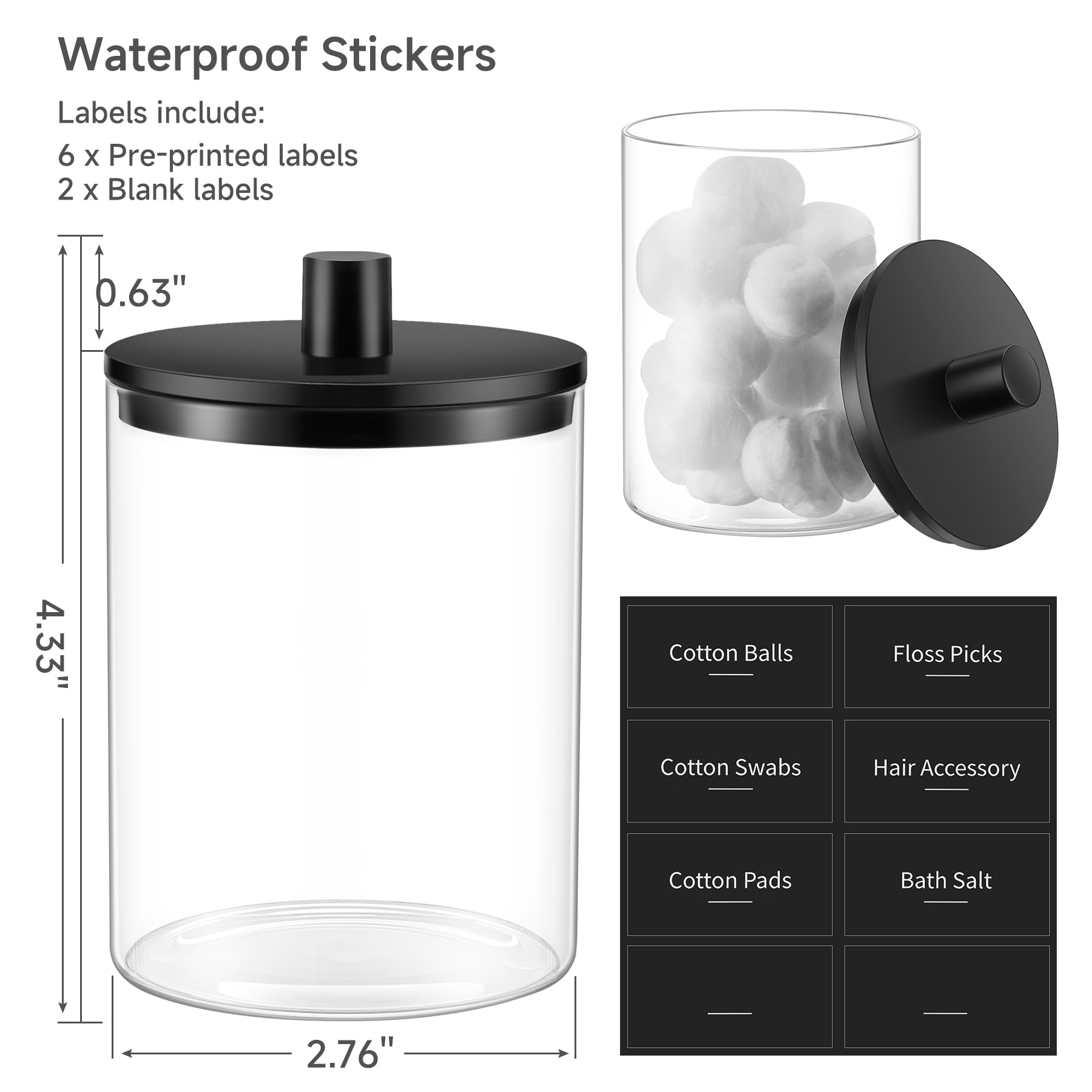 2-Pack Glass Q-tip Holders With Lids - 10oz Clear Apothecary Jars For Bathroom Vanity, Cotton Balls & Makeup Organizer (Includes Labels)