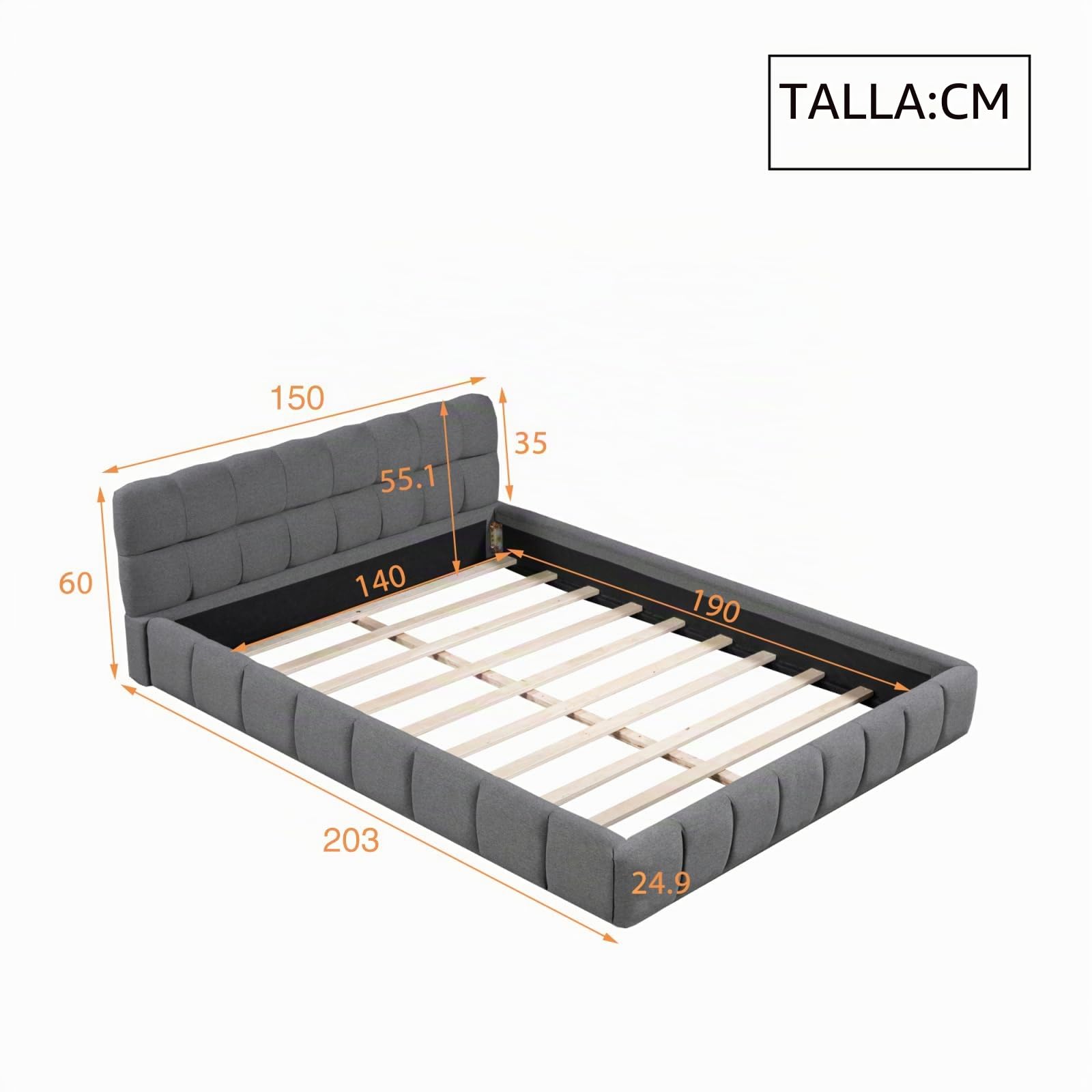 Cama acolchada de 140 x 190 cm, cama de matrimonio acolchada de tela con estructura de cama con cabecero y somier de láminas, cama de matrimonio para niños, respaldo suave y estructura acolchada (gris