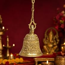 Kartique Brass Ashtalaxmi Bell with Intricate Carvings, Golden Color, 7 Inch Height, Ideal for Temples, Pooja Rooms, Home Decor, and Spiritual Use