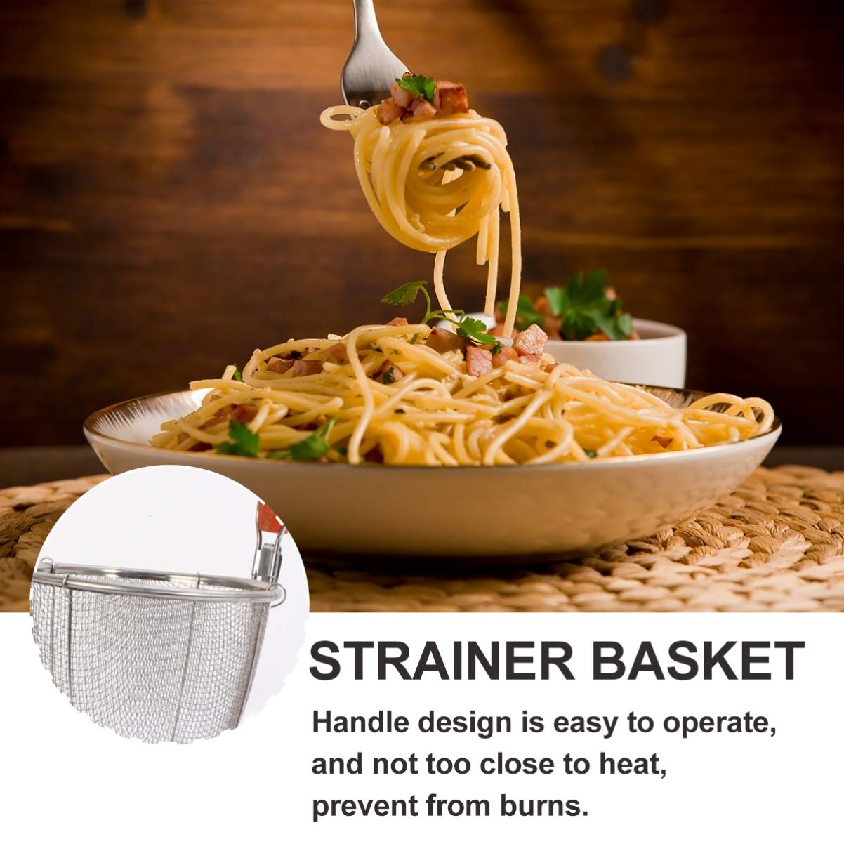 Colino per pasta per spaghetti, 2 pezzi a maglia fine, colino per alimenti, schiumarola, cucchiaio, colino per pasta, colini, colino a rete in acciaio inox, colino a rete, colino per pasta, colino p