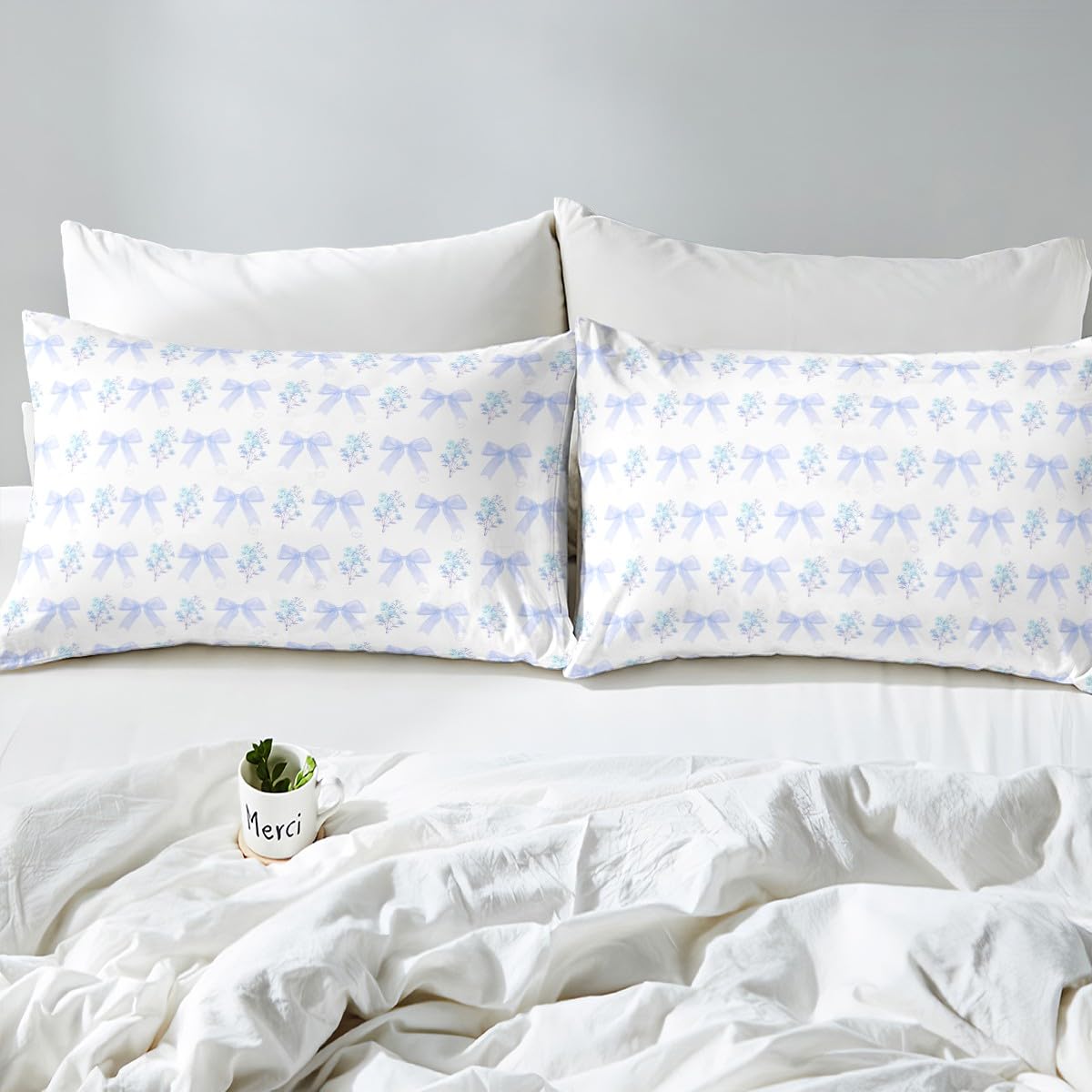 Manfei Blue Bow Duvet Cover Set Single Size, Blue Flower Bowknot Bedding Set 2pcs, Cute Floral Comforter Cover - Image 4