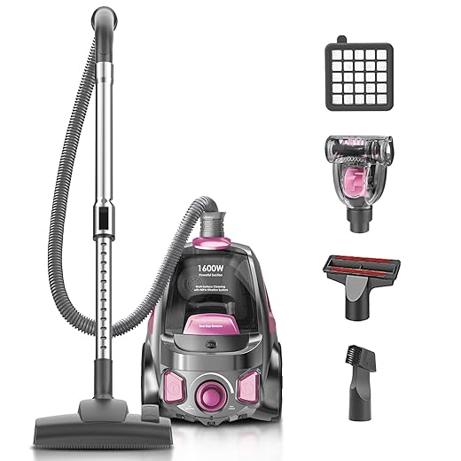 Canister Vacuum Cleaner, 32Kpa 1600W Cyclon Power, Dust Full Indicator, Double HEPA Filters, 3.7Qt Large Capacity, Lightweight Vac for Hard Floors, Carpets, Pet Hair, Pink