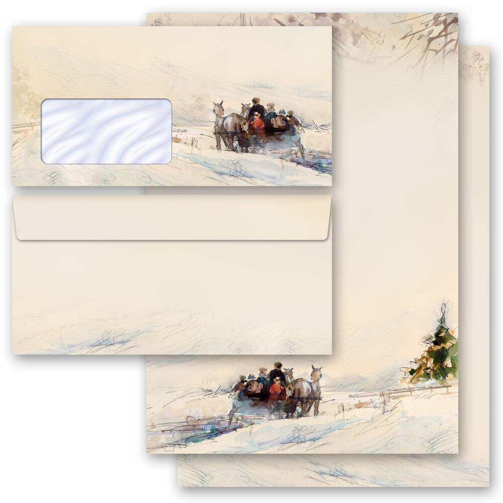 40-pc. Complete Set Nature & Landscape, Carriage in Forest 20 Sheets of Stationery Paper + 20 Matching envelopes DIN Long with Windows | Paper-Media