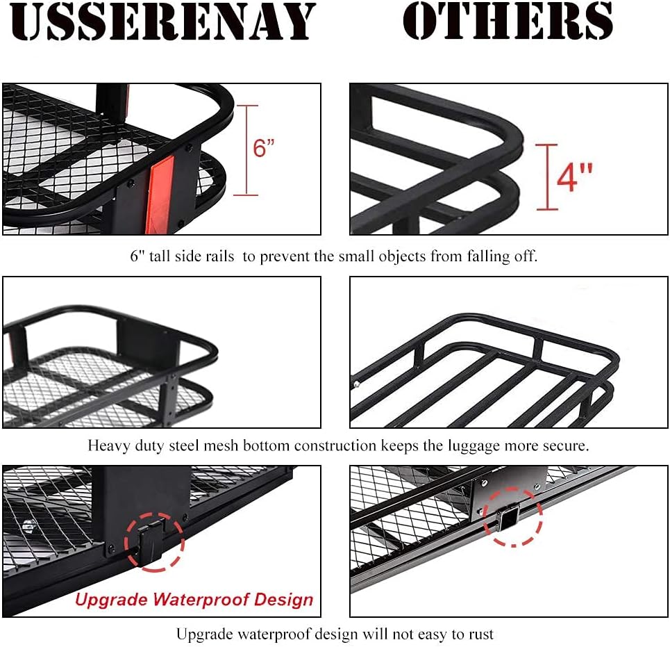 USSerenaY Hitch Cargo Carrier - Trailer Hitch Luggage Rack with Net, Waterproof Cargo Bag and 2 Reinforced Straps - Folding Car Hitch Mount Cargo Carrier L60 X W20 X H6 550lbs Capacity : Automotive