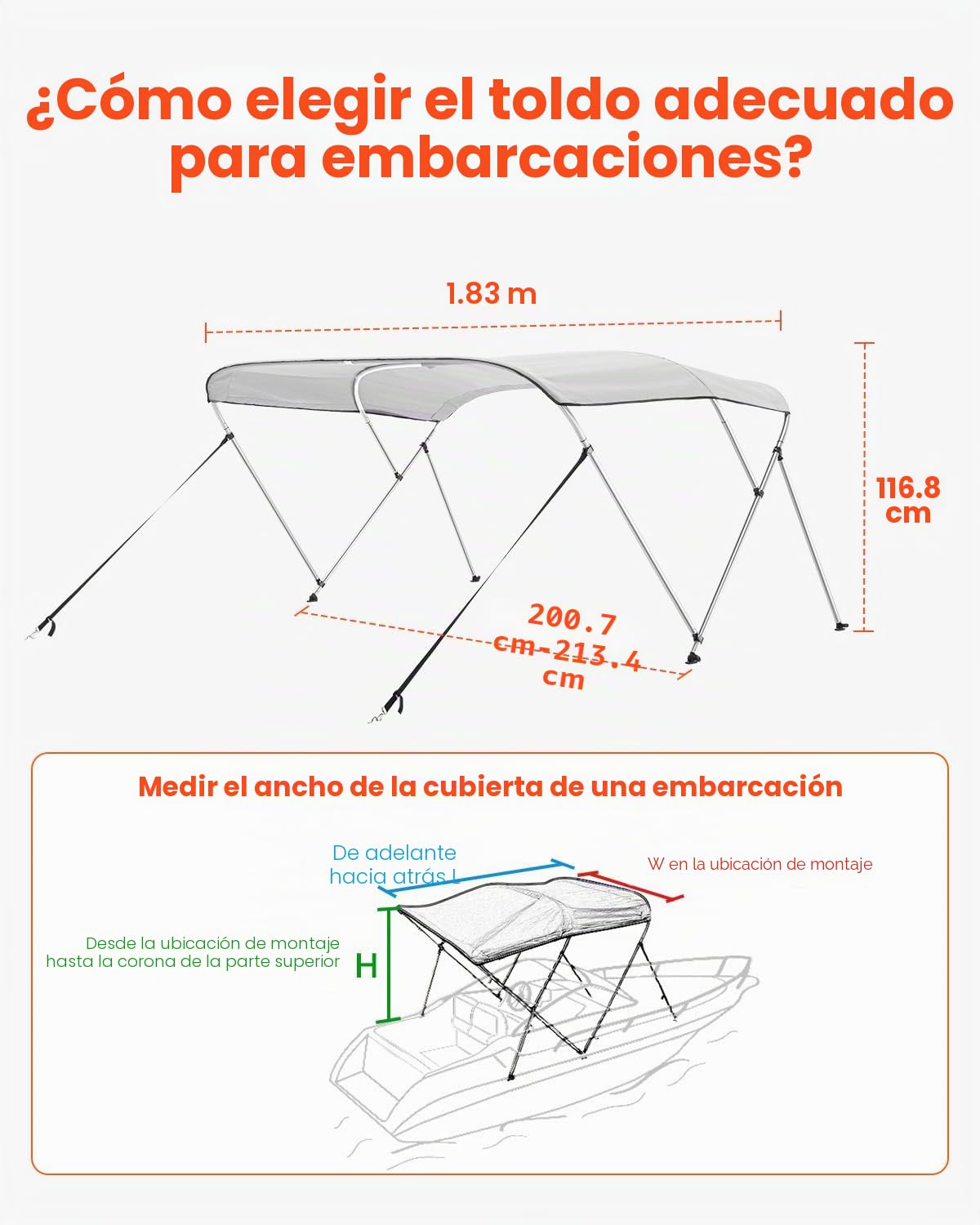 VEVOR Toldo Bimini para Barco de 3 Arcos, Poliéster 600D con Estructura de Aleación de Aluminio, Impermeable, Protección Solar, con Bolsa de Almacenamiento, 182 x 199-213 x 117 cm, Gris Claro
