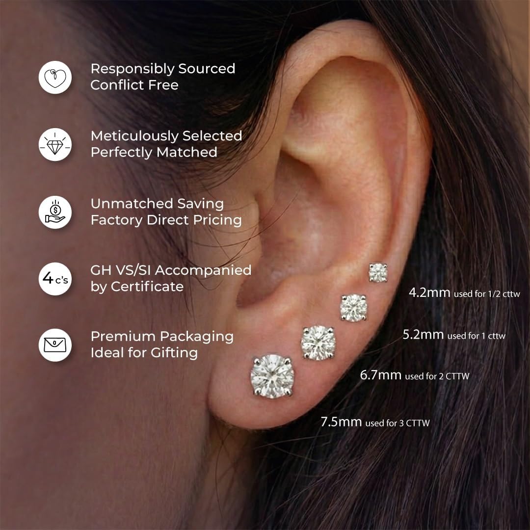 Lab Grown Diamond Stud Earrings for Women and Men | 1/6-3 CT TW Solid 14K White and Yellow Gold | Premium GH Color (Near Colorless) and VS - SI Clarity (Clean) Grade Independently Certified Diamonds - Image 4