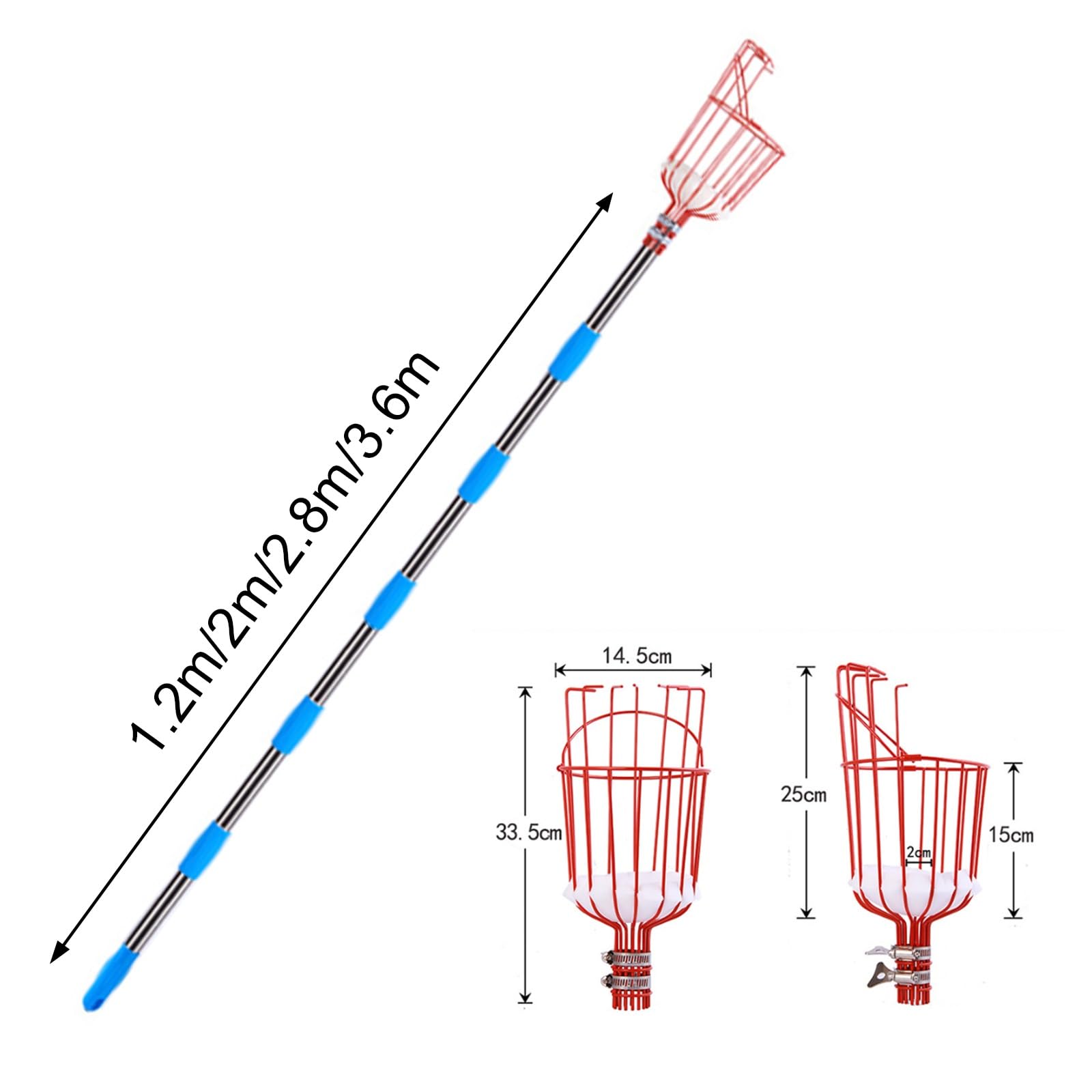 Perche à Fruits, Cueilleur de Fruits télescopique avec Panier, cueilleur figues Manche léger en Acier Inoxydable et Coussinet Protection Mousse(1.2m)