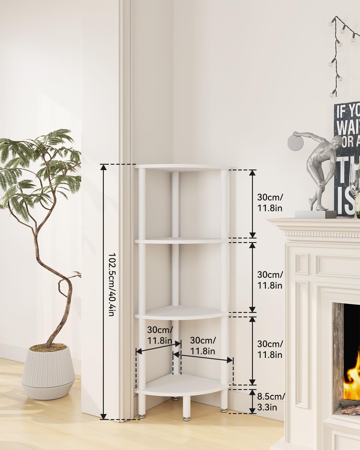 IBUYKE 4 Tier Corner Shelf Stand,Industrial Corner Display Rack,Corner Bookshelf for Living Room, Bedroom, Kitchen, Home Office, White WBC014W