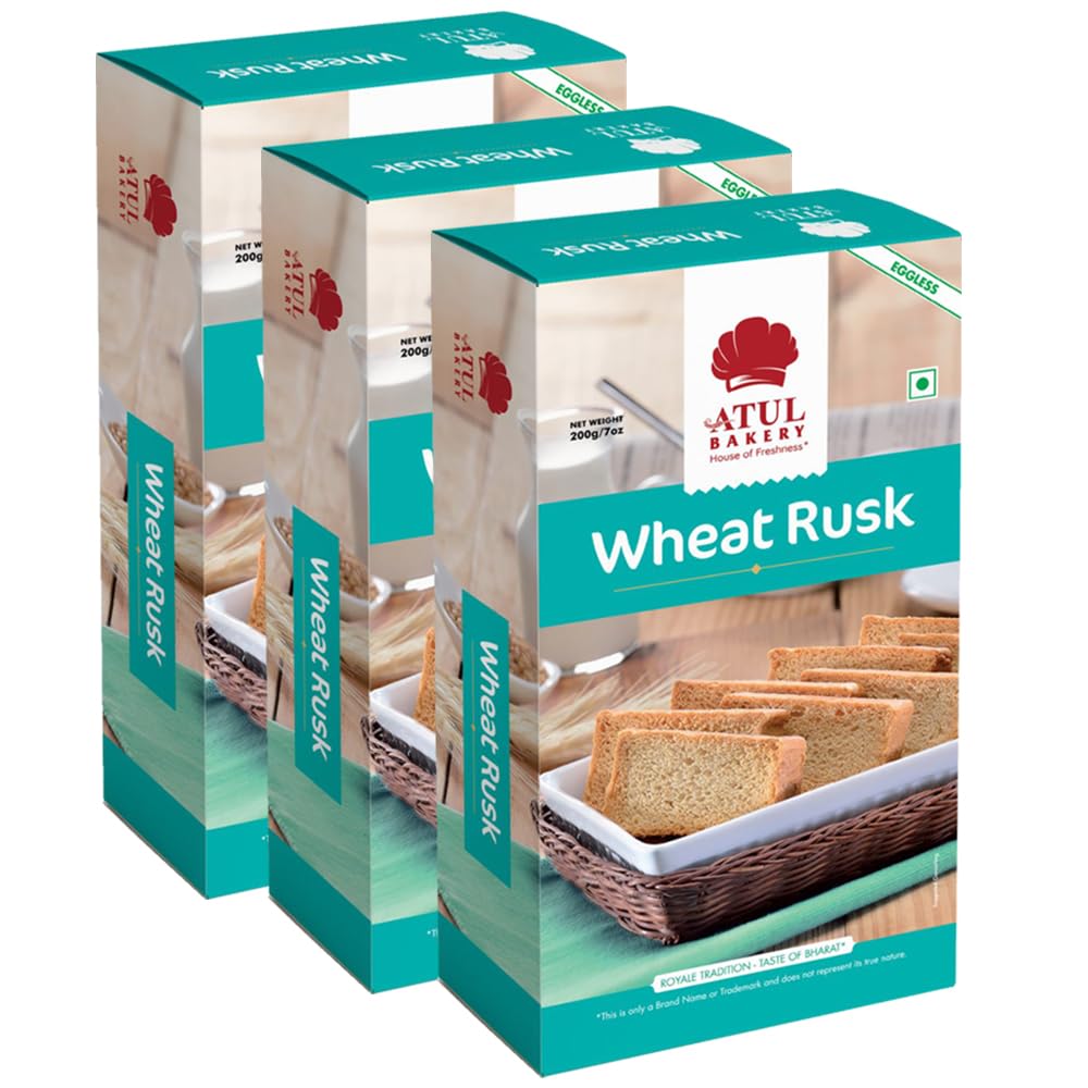 Atul Bakery Rusks (200 Gram) - Light & Crispy Tea Time Dry Biscuit - Offers A Wholesome Teatime Experience (Pack of 3, Rusk Wheat)