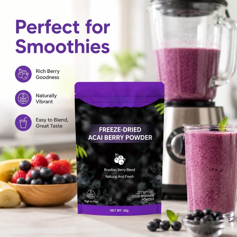 Polvere di bacche di acai liofilizzate, busta stand-up da 60 g | Polvere di Acai liofilizzata, macinata fine, facile da miscelare for bevande e dolci