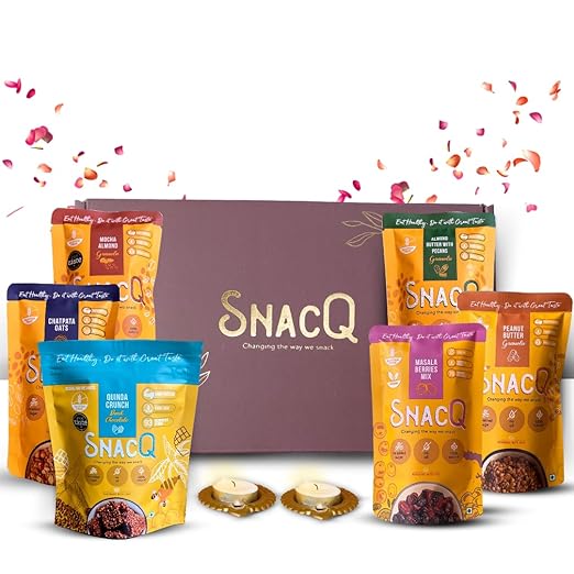 SnacQ Diwali Gift Box | Healthy & Tasty Treats Hamper for Your Celebrations | 8 Items Combo Gift Pack with Diwali | Nut Mixes, Granola and Crunchy Chocolate