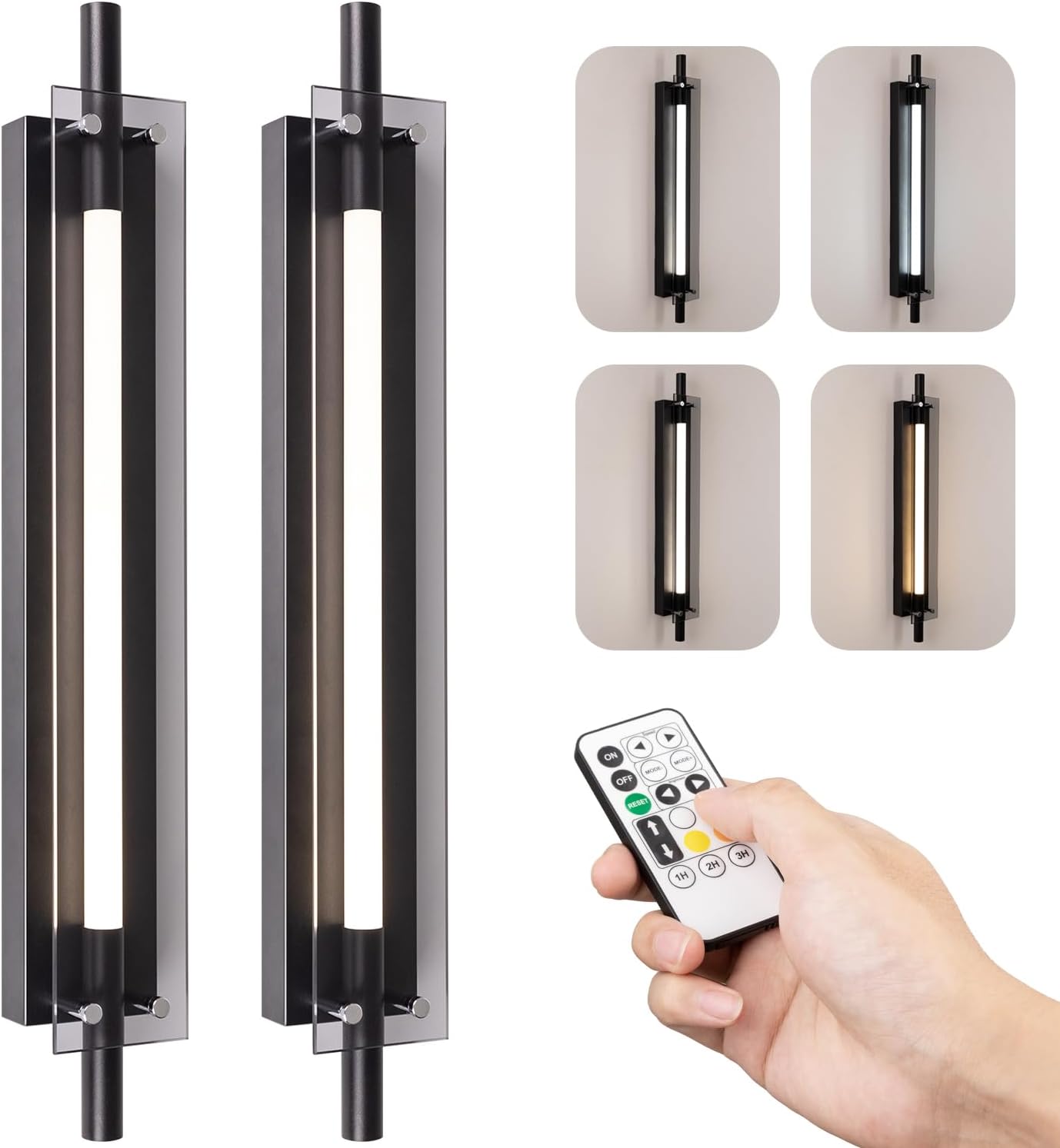 Adust Battery Operated Wall Sconce, 14000mAh Rechargeable Wall Decor Lighting Indoor Remote Control Dimmable Wall Lamp Fixtures for Bedroom Living Room 2 Pack (Black Glass)