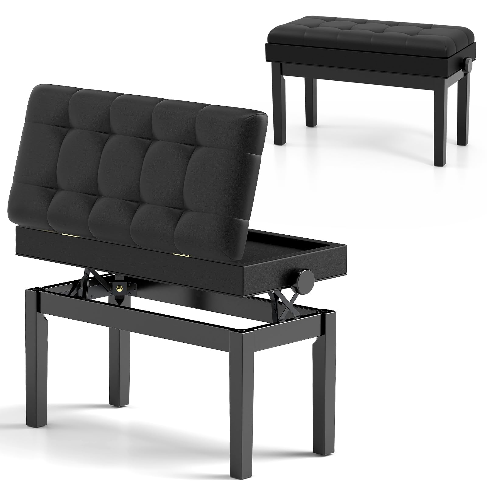 HOMASIS Sgabello Pianoforte Regolabile in Altezza, Panca Pianoforte con Contenitore Nascosto, Struttura in Metallo/Gambe in Legno/Seduta in Pelle Artificiale, Sgabello Imbottito per Musicista, Nero