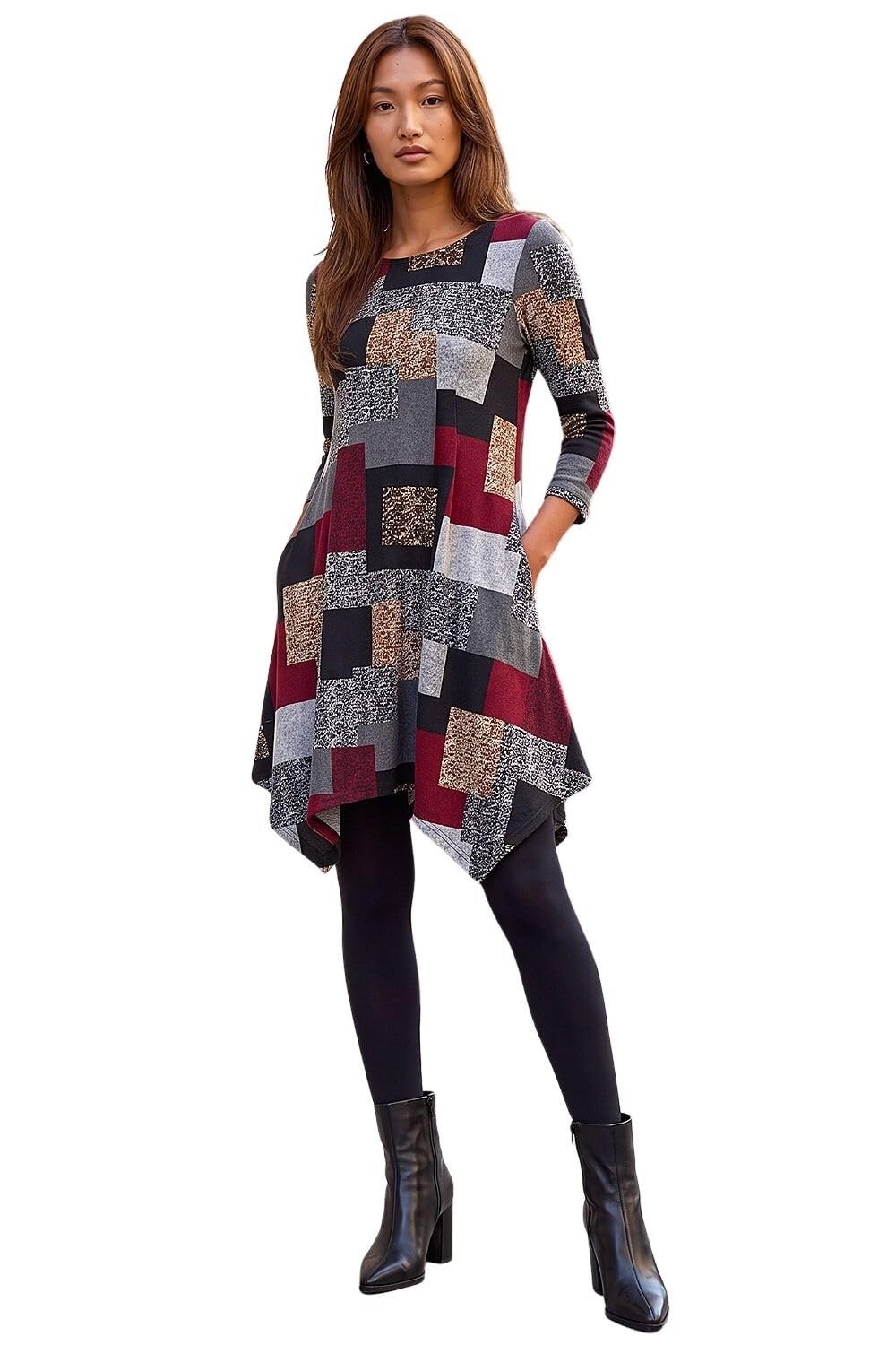 Roman Originals Women's Red Grey Patchwork Pocket Detail Stretch Dress For Uk - Everyday Autumn Winter Round Neckline Comfy Soft Evening Vacation Work Party Night Out - Size 20