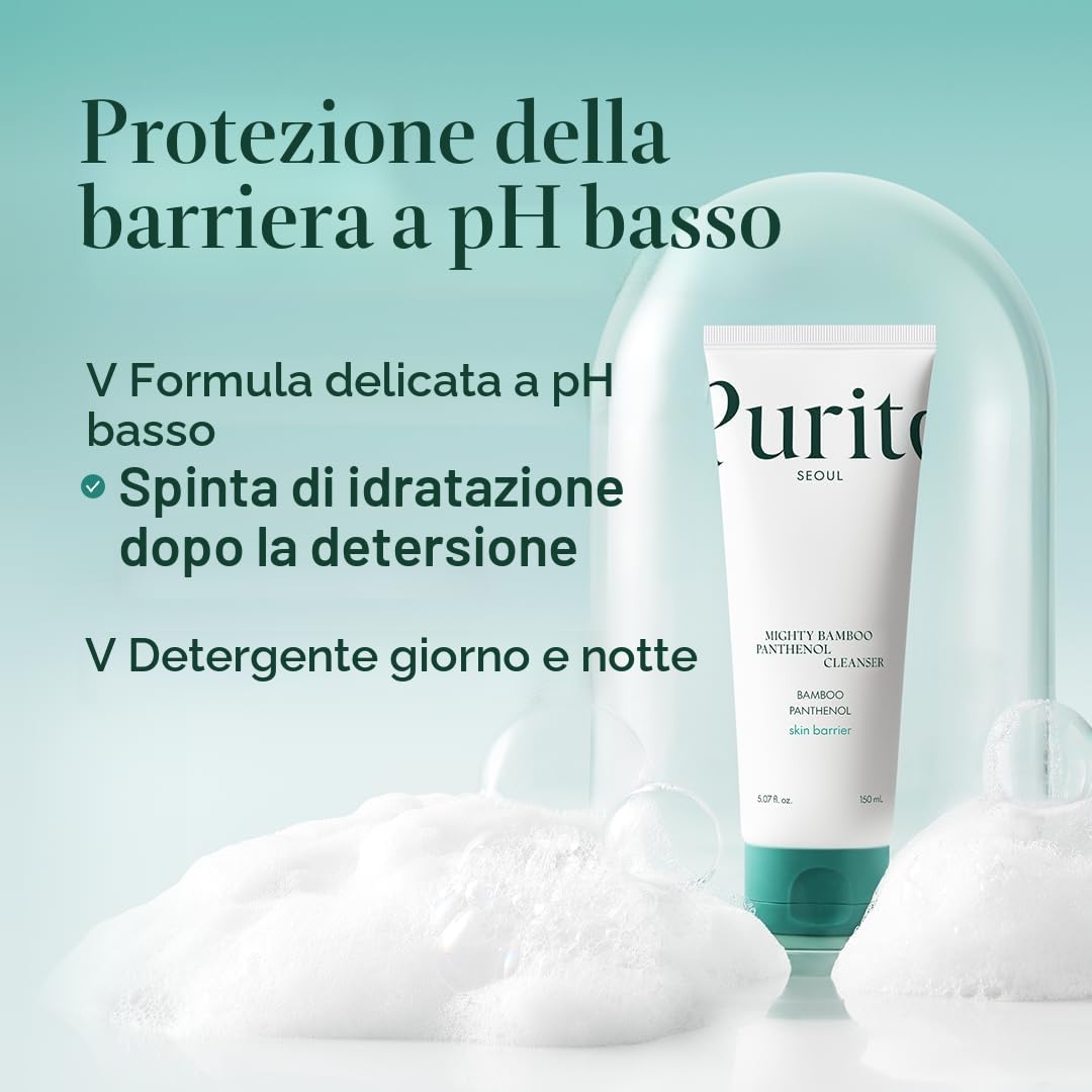 PURITO Mighty Bamboo Panthenol Detergente Viso, Delicato Detergente Idratante per Pelle Sensibile, Detergente Viso Vegano e Non Testato sugli Animali 150ml / 5,07 fl. Oz.