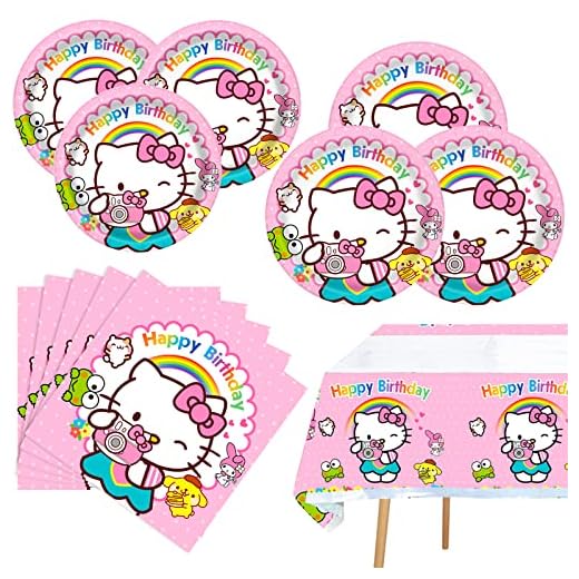 Hello Kitty Birthday Party Supplies, 20 Plates, 20 Napkins and 1 Tablecover for Girls Hello Kitty Party Decorations